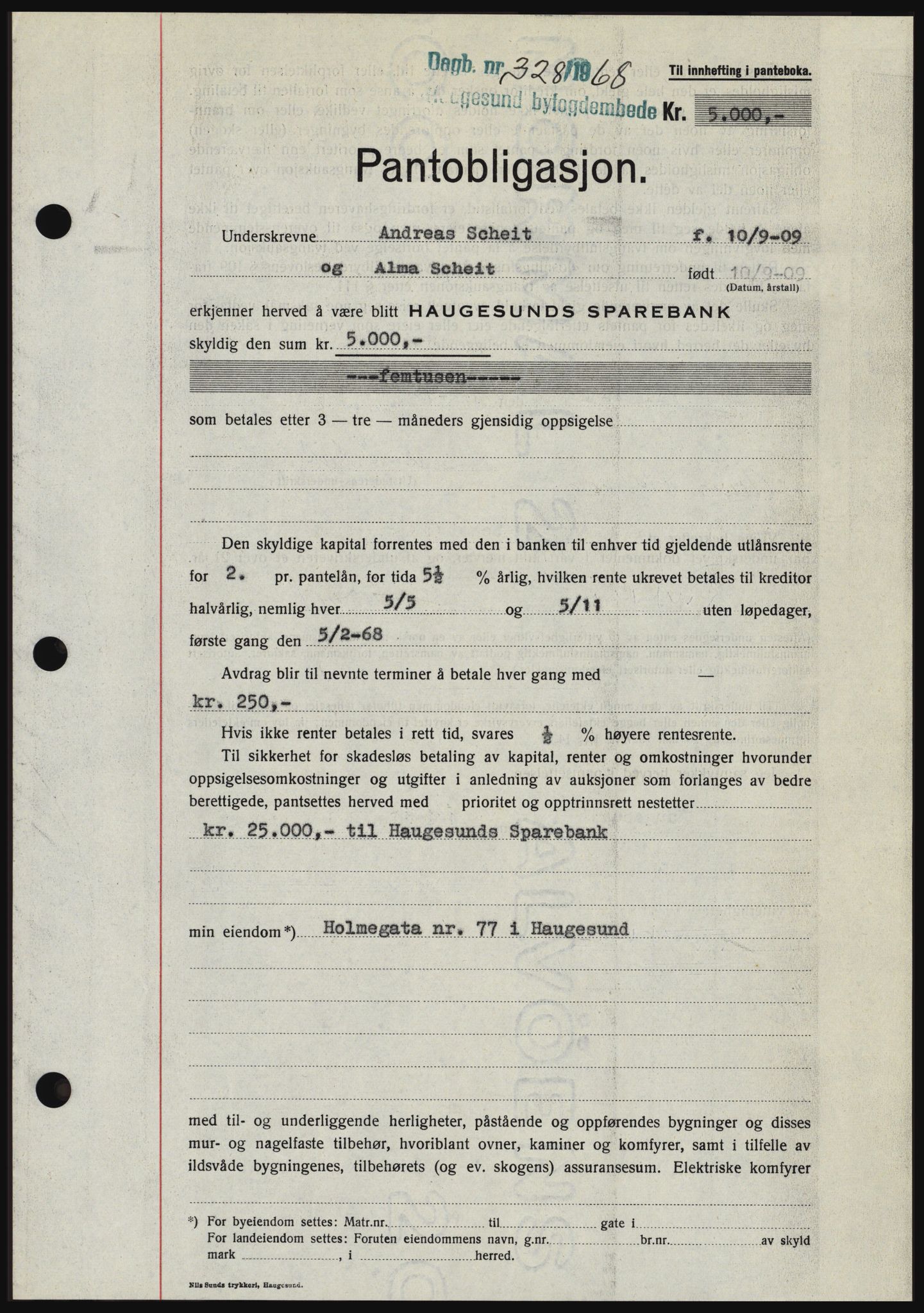 Haugesund tingrett, SAST/A-101415/01/II/IIC/L0058: Pantebok nr. B 58, 1967-1968, Dagboknr: 328/1968