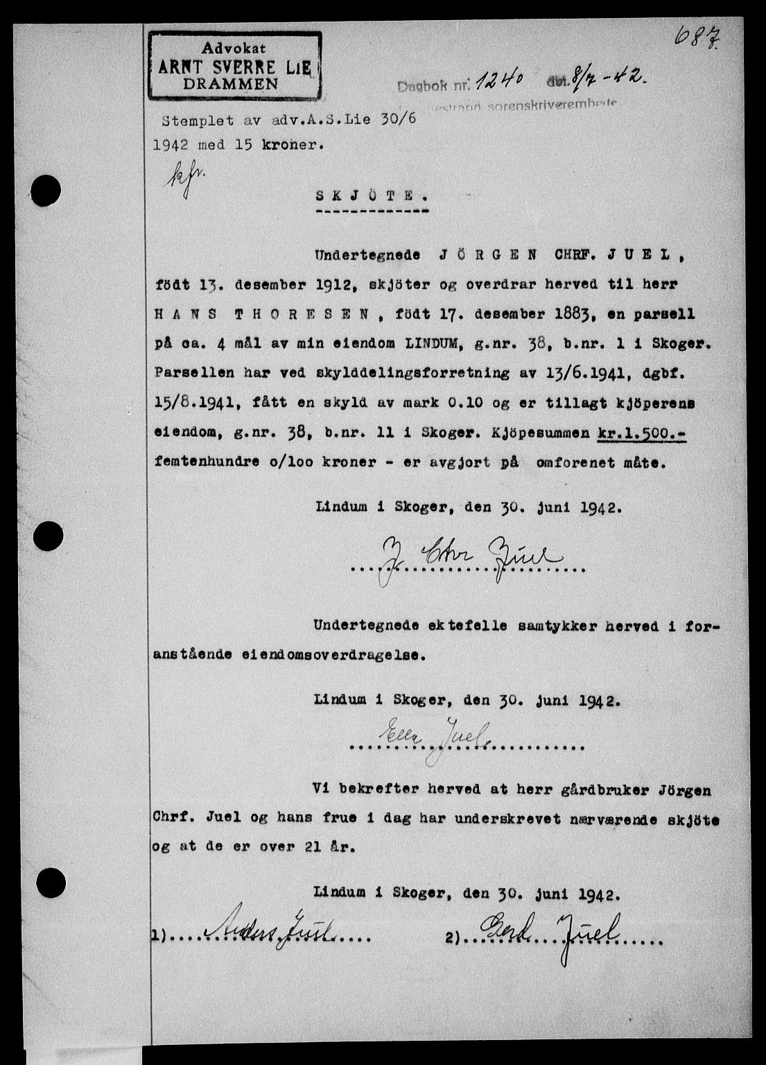 Holmestrand sorenskriveri, SAKO/A-67/G/Ga/Gaa/L0055: Pantebok nr. A-55, 1942-1942, Dagboknr: 1240/1942