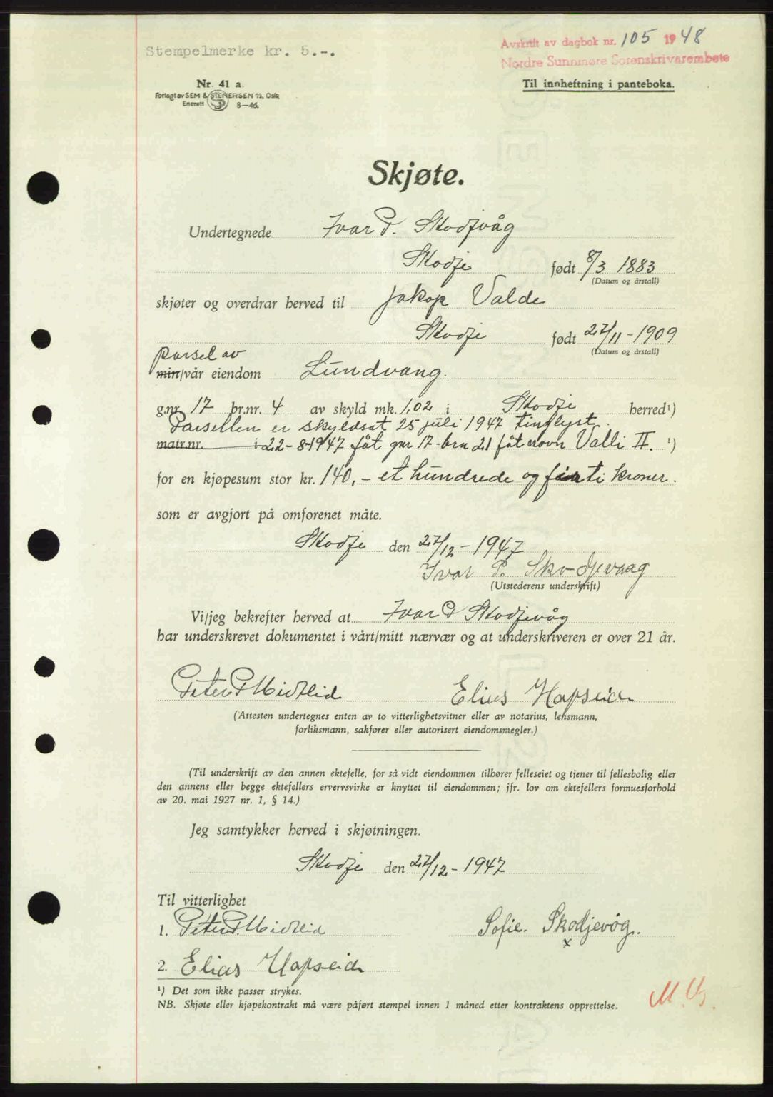 Nordre Sunnmøre sorenskriveri, AV/SAT-A-0006/1/2/2C/2Ca: Pantebok nr. A26, 1947-1948, Dagboknr: 105/1948