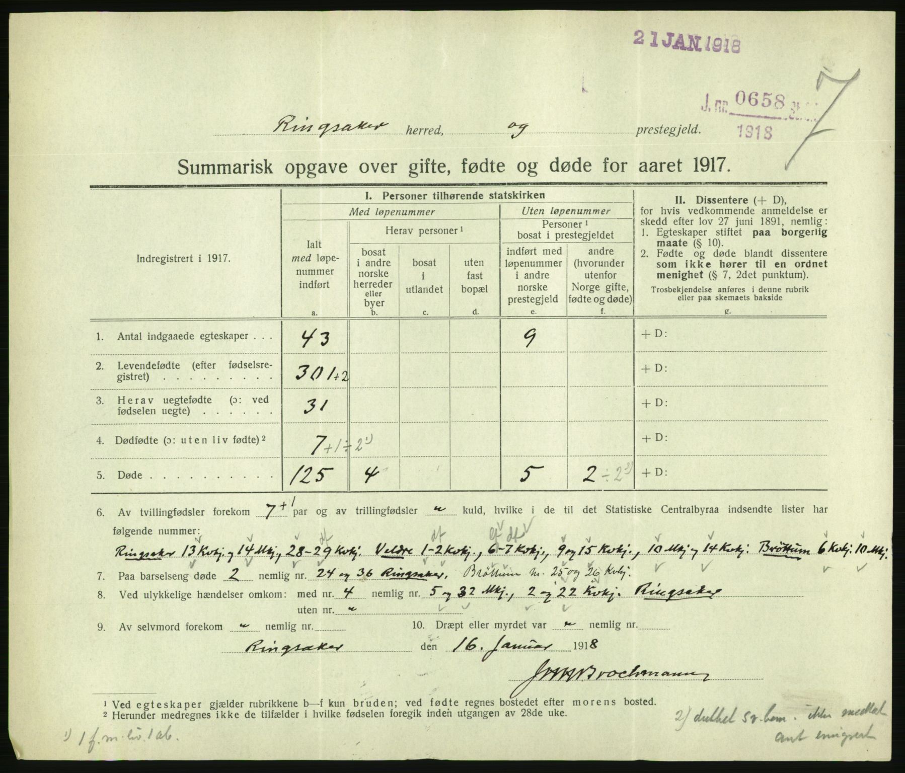 Statistisk sentralbyrå, Sosiodemografiske emner, Befolkning, RA/S-2228/D/Df/Dfb/Dfbg/L0056: Summariske oppgaver over gifte, fødte og døde for hele landet., 1917, s. 229