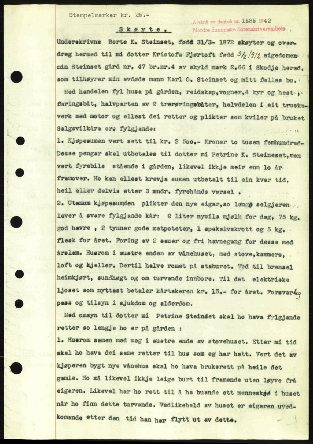Nordre Sunnmøre sorenskriveri, SAT/A-0006/1/2/2C/2Ca: Pantebok nr. A14, 1942-1942, Dagboknr: 1585/1942
