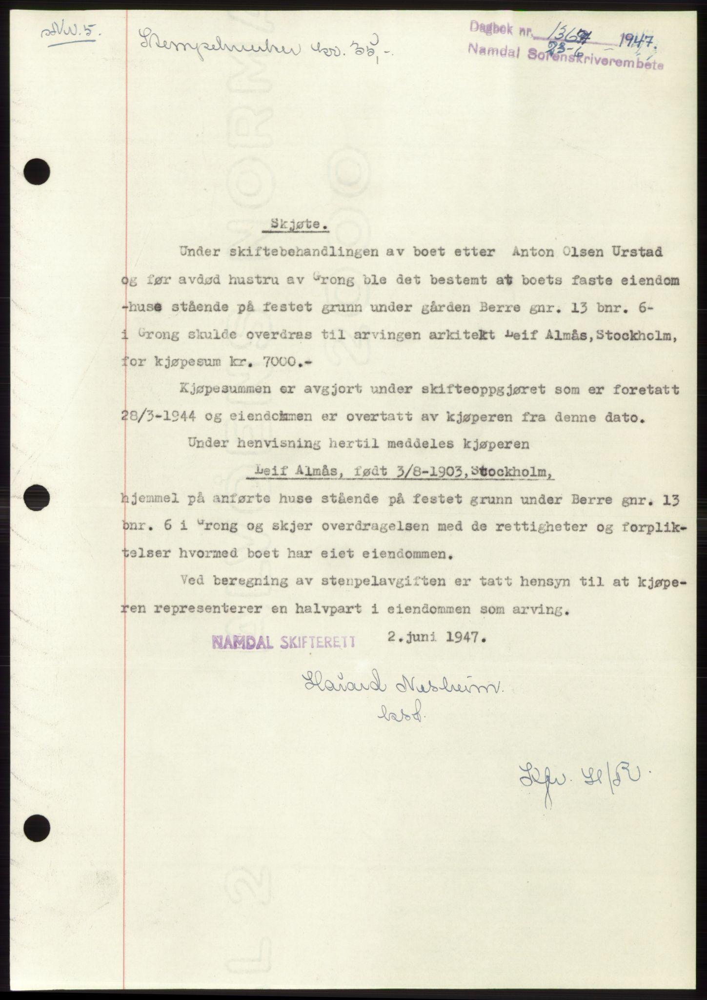 Namdal sorenskriveri, SAT/A-4133/1/2/2C: Pantebok nr. -, 1947-1947, Dagboknr: 1367/1947