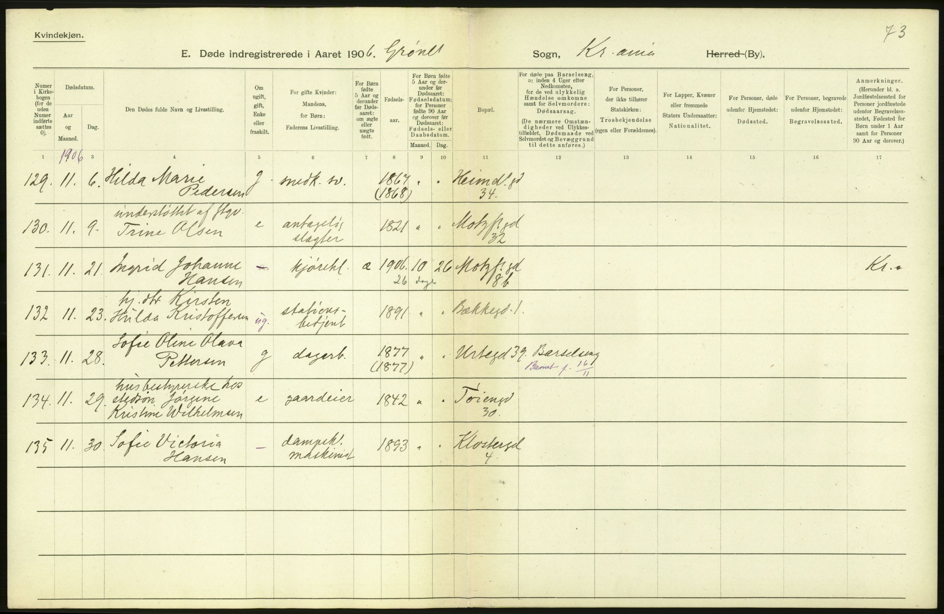 Statistisk sentralbyrå, Sosiodemografiske emner, Befolkning, AV/RA-S-2228/D/Df/Dfa/Dfad/L0009: Kristiania: Døde, 1906, s. 6