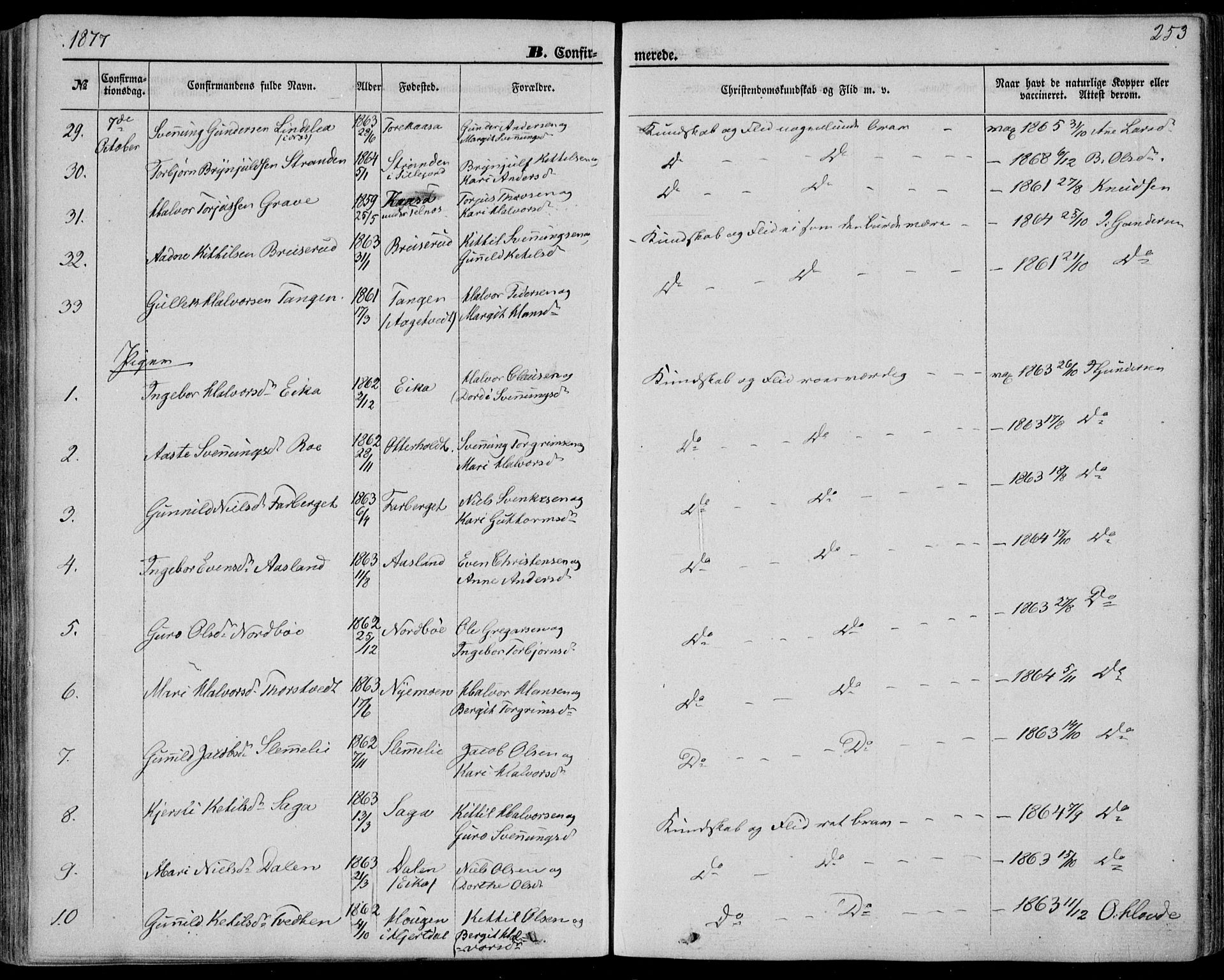 Bø kirkebøker, AV/SAKO-A-257/F/Fa/L0009: Ministerialbok nr. 9, 1862-1879, s. 253