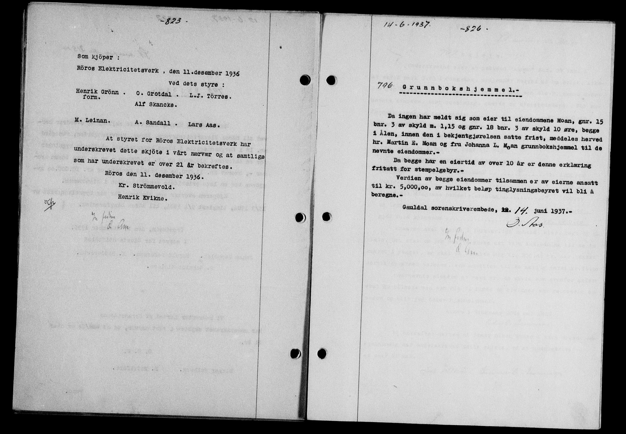 Gauldal sorenskriveri, SAT/A-0014/1/2/2C/L0047: Pantebok nr. 50-51, 1937-1937, Dagboknr: 796/1937