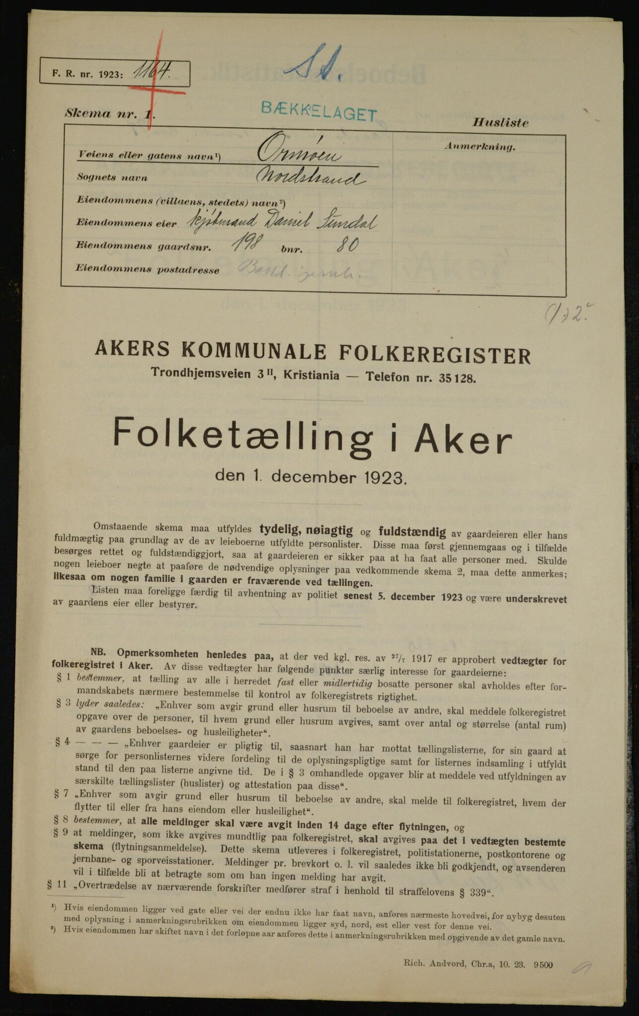 , Kommunal folketelling 1.12.1923 for Aker, 1923, s. 43432