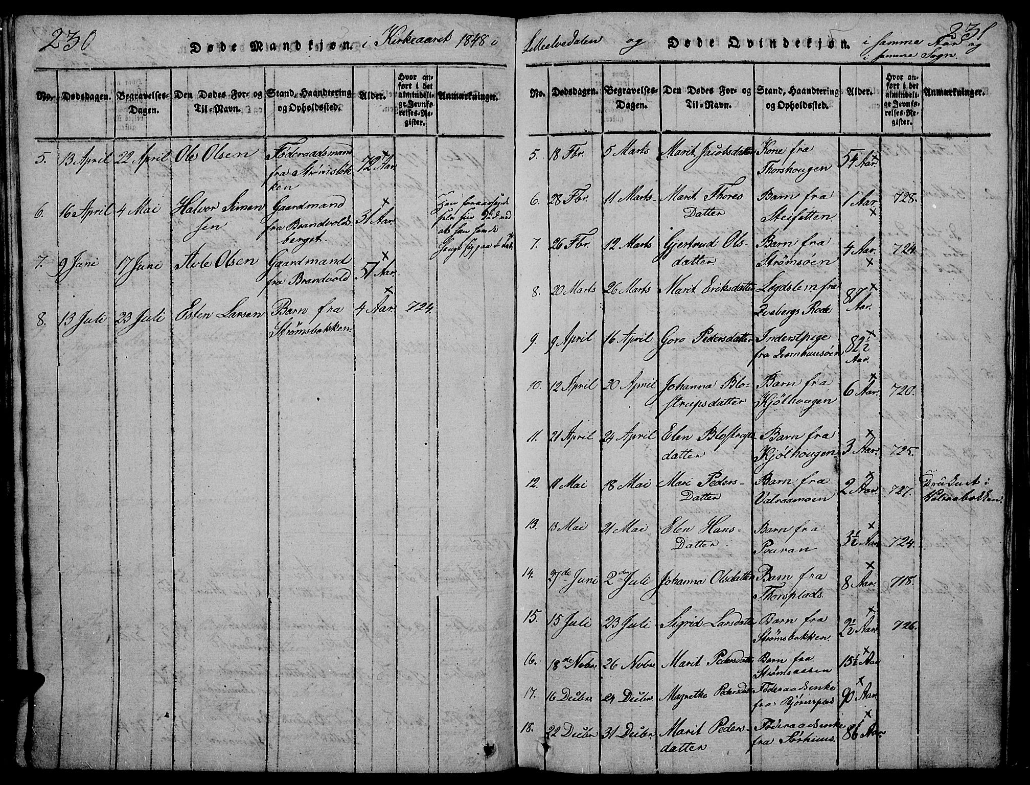 Tynset prestekontor, SAH/PREST-058/H/Ha/Hab/L0002: Klokkerbok nr. 2, 1814-1862, s. 230-231