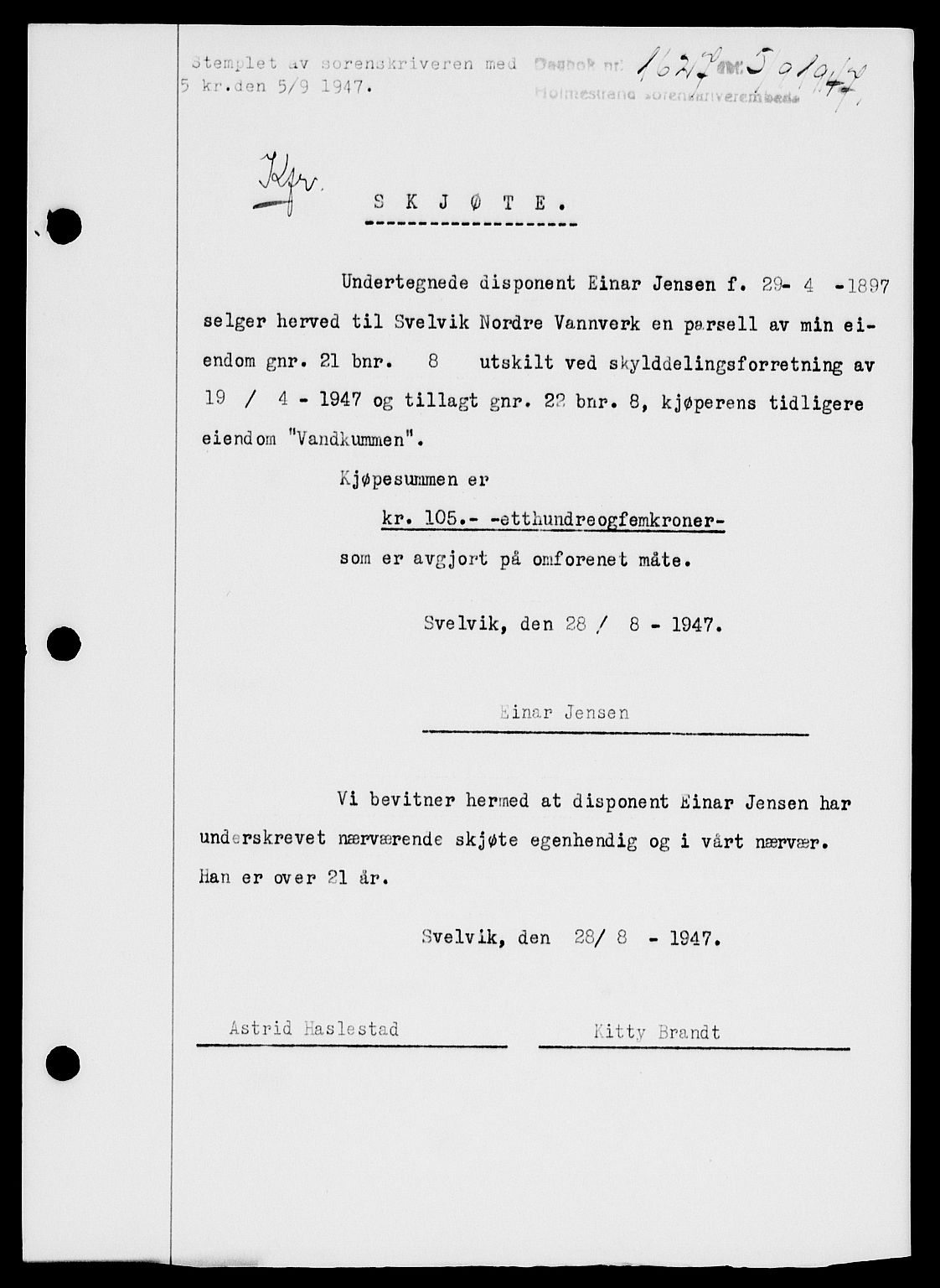 Holmestrand sorenskriveri, SAKO/A-67/G/Ga/Gaa/L0062: Pantebok nr. A-62, 1947-1947, Dagboknr: 1627/1947