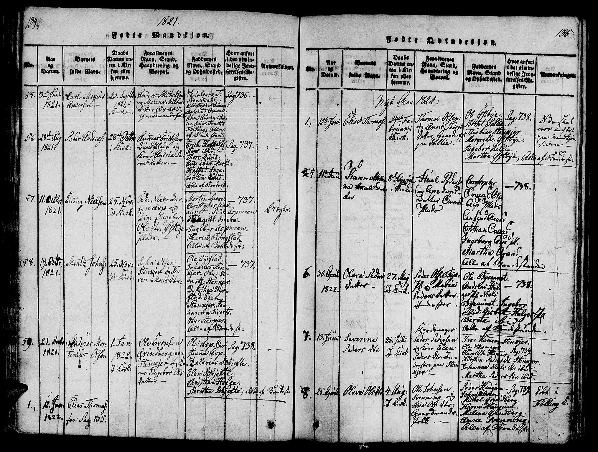 Ministerialprotokoller, klokkerbøker og fødselsregistre - Nord-Trøndelag, AV/SAT-A-1458/746/L0441: Ministerialbok nr. 746A03 /3, 1816-1827, s. 134-135