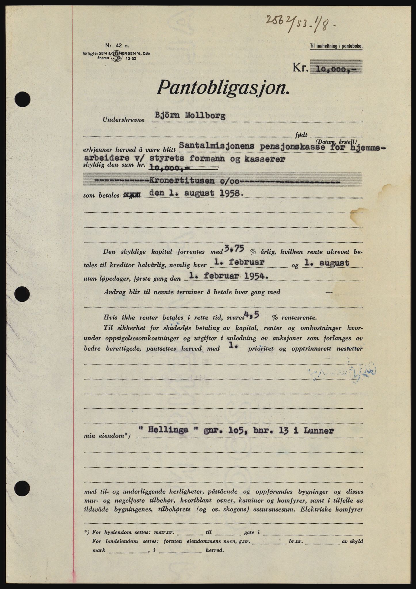 Hadeland og Land tingrett, SAH/TING-010/H/Hb/Hbc/L0027: Pantebok nr. B27, 1953-1953, Dagboknr: 2562/1953