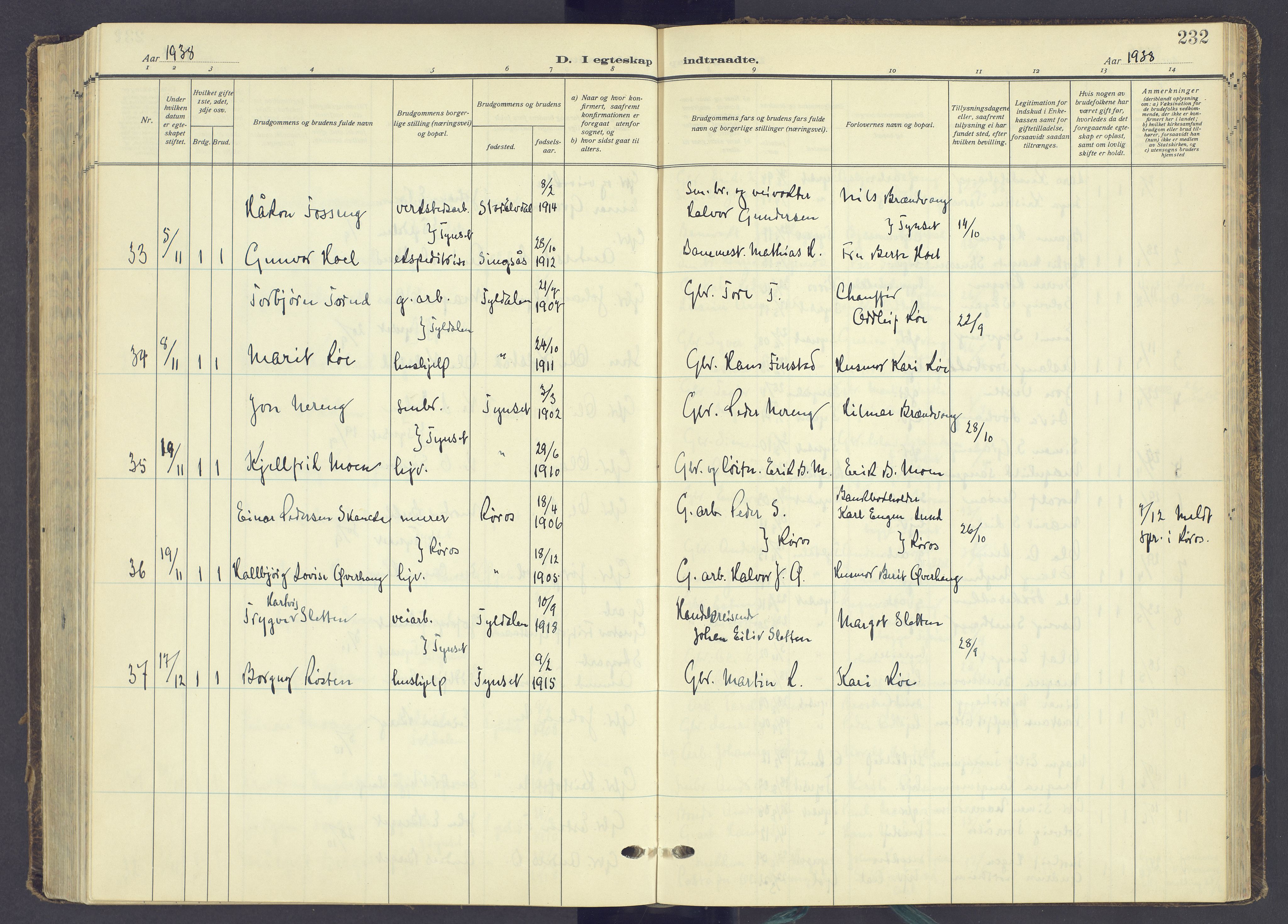 Tynset prestekontor, AV/SAH-PREST-058/H/Ha/Haa/L0027: Ministerialbok nr. 27, 1930-1944, s. 232