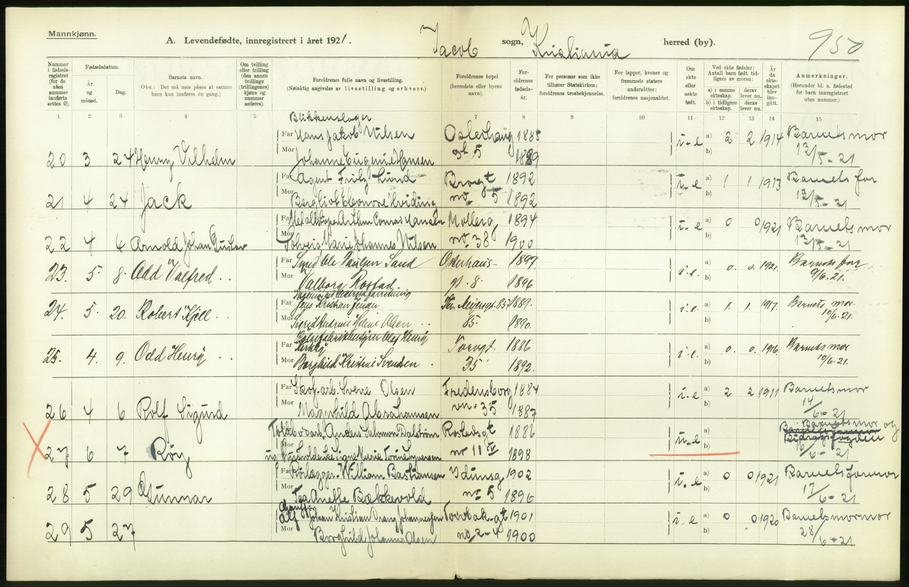 Statistisk sentralbyrå, Sosiodemografiske emner, Befolkning, RA/S-2228/D/Df/Dfc/Dfca/L0010: Kristiania: Levendefødte menn og kvinner., 1921, s. 416