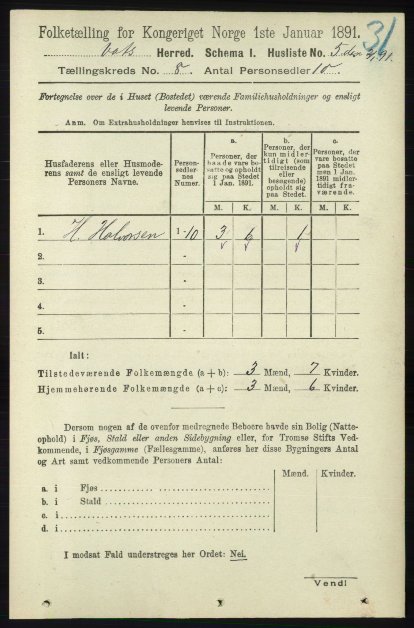 RA, Folketelling 1891 for 1155 Vats herred, 1891, s. 1306