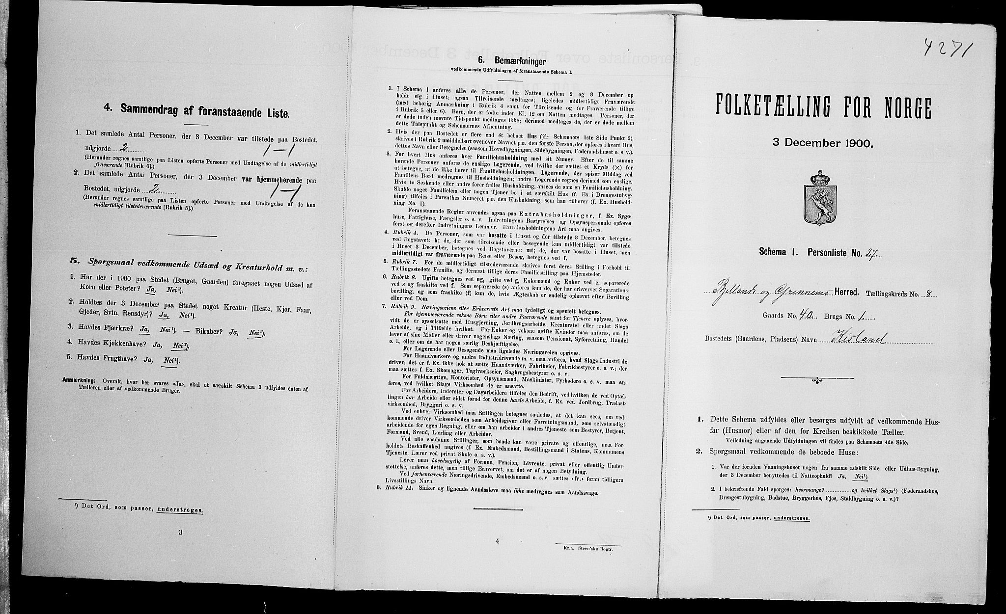 SAK, Folketelling 1900 for 1024 Bjelland og Grindheim herred, 1900, s. 415