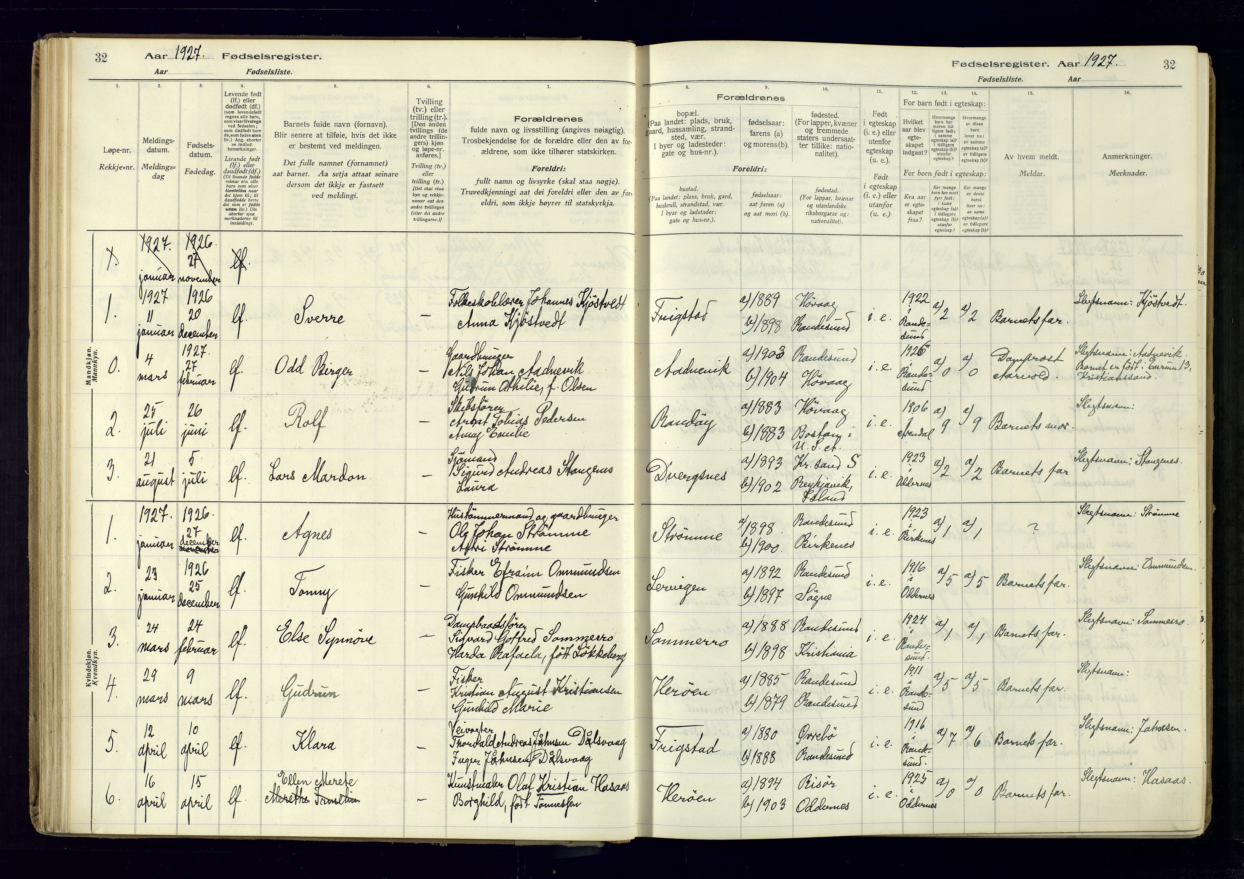 Oddernes sokneprestkontor, AV/SAK-1111-0033/J/Ja/L0007: Fødselsregister nr. 7, 1916-1971, s. 32