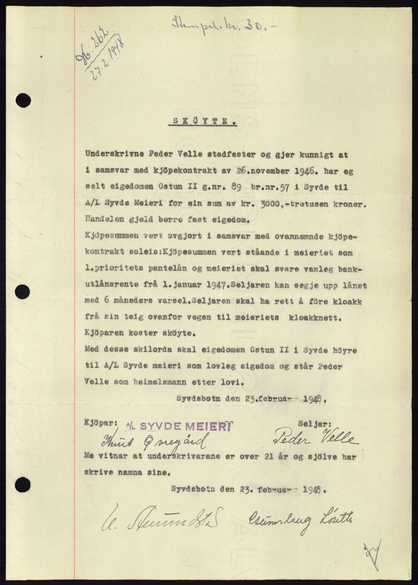 Søre Sunnmøre sorenskriveri, SAT/A-4122/1/2/2C/L0082: Pantebok nr. 8A, 1948-1948, Dagboknr: 262/1948