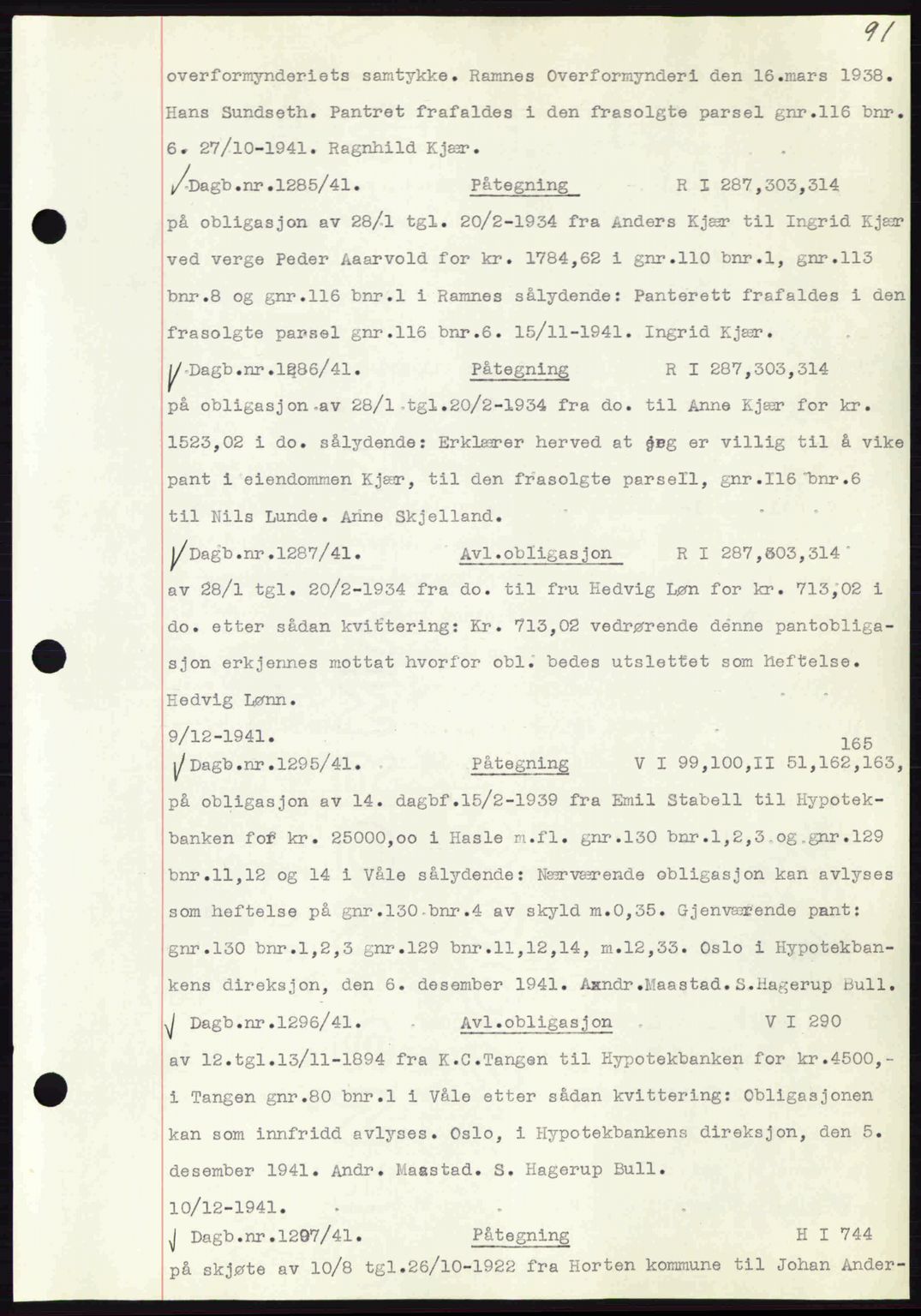 Horten sorenskriveri, SAKO/A-133/G/Ga/Gab/L0003: Pantebok nr. B-5 - B-6, 1941-1943, Dagboknr: 1285/1941