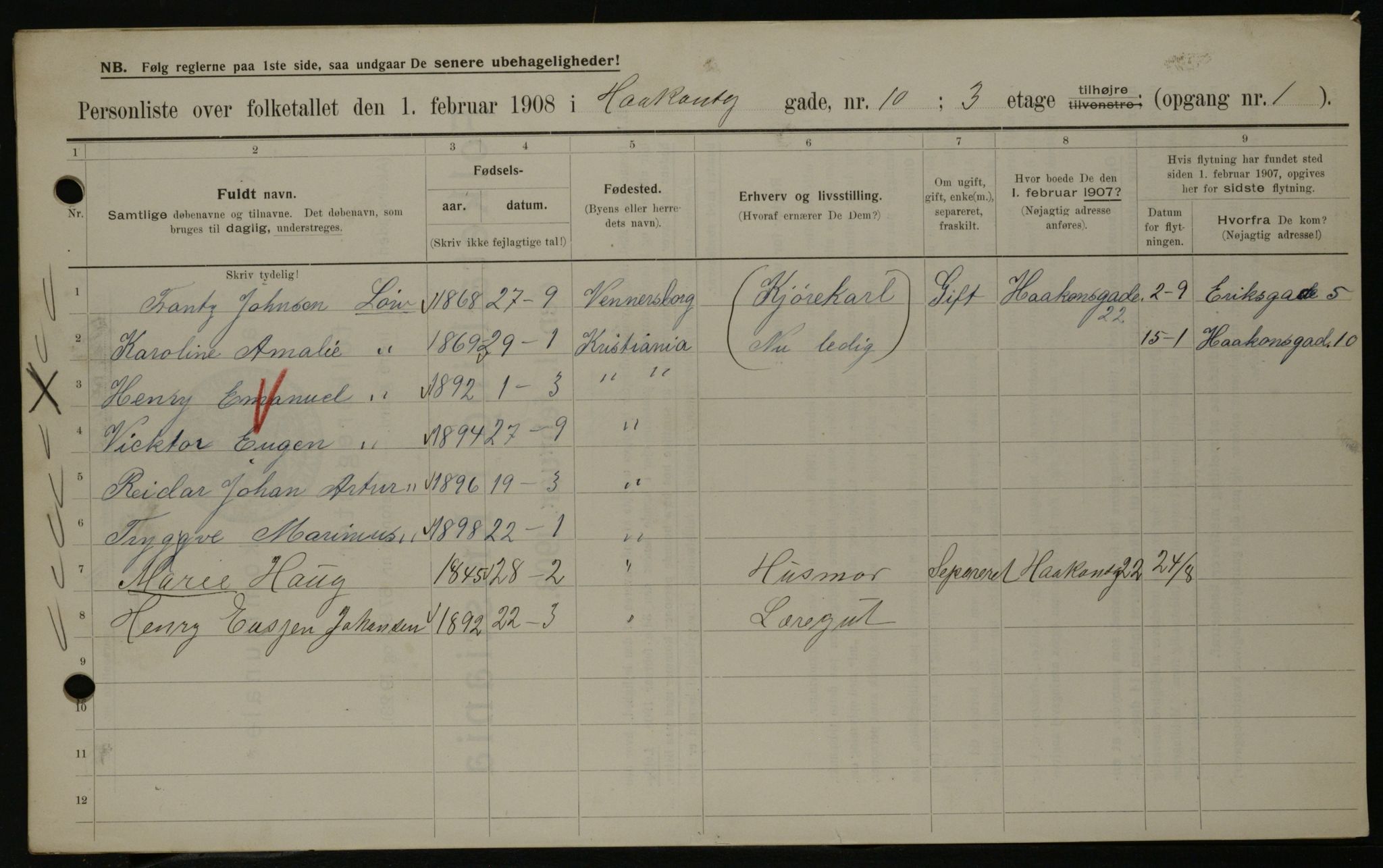 OBA, Kommunal folketelling 1.2.1908 for Kristiania kjøpstad, 1908, s. 38416