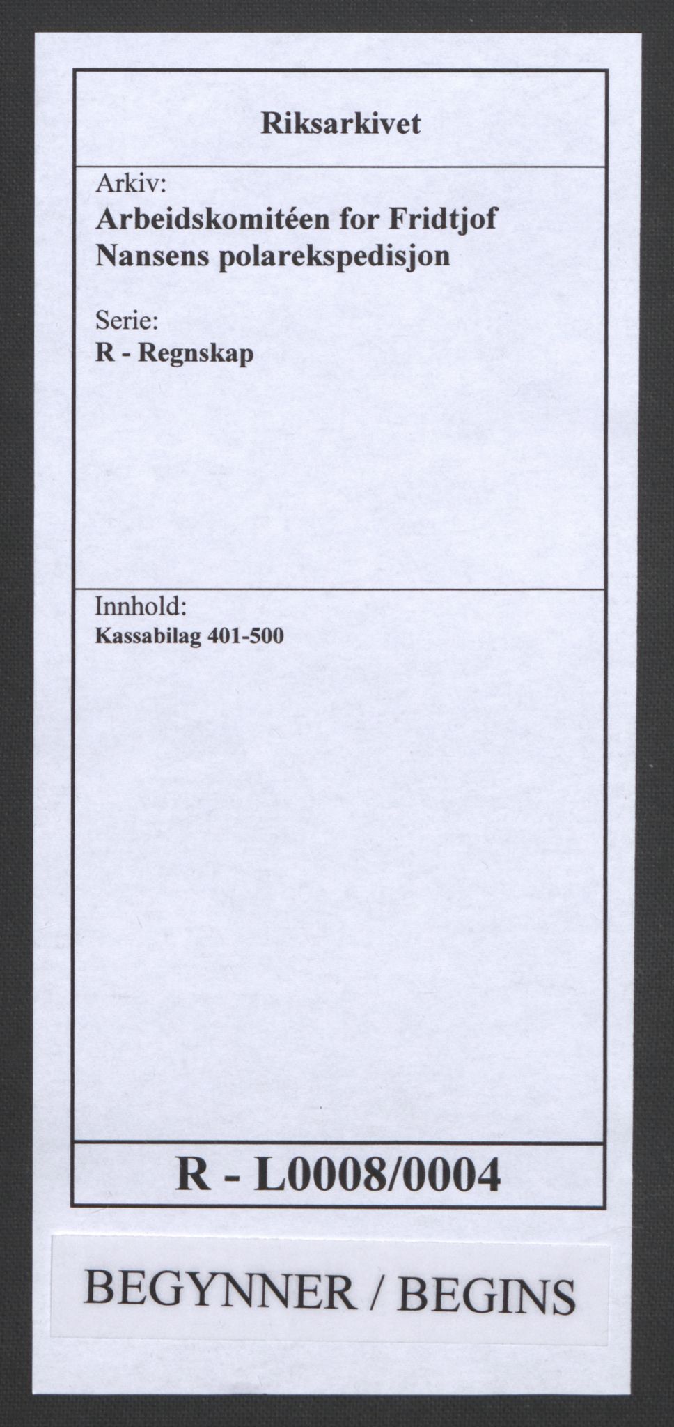 Arbeidskomitéen for Fridtjof Nansens polarekspedisjon, AV/RA-PA-0061/R/L0008/0004: Regnskapsbilag nr. 1-554 / Kassabilag 401-500, 1892-1893, s. 1