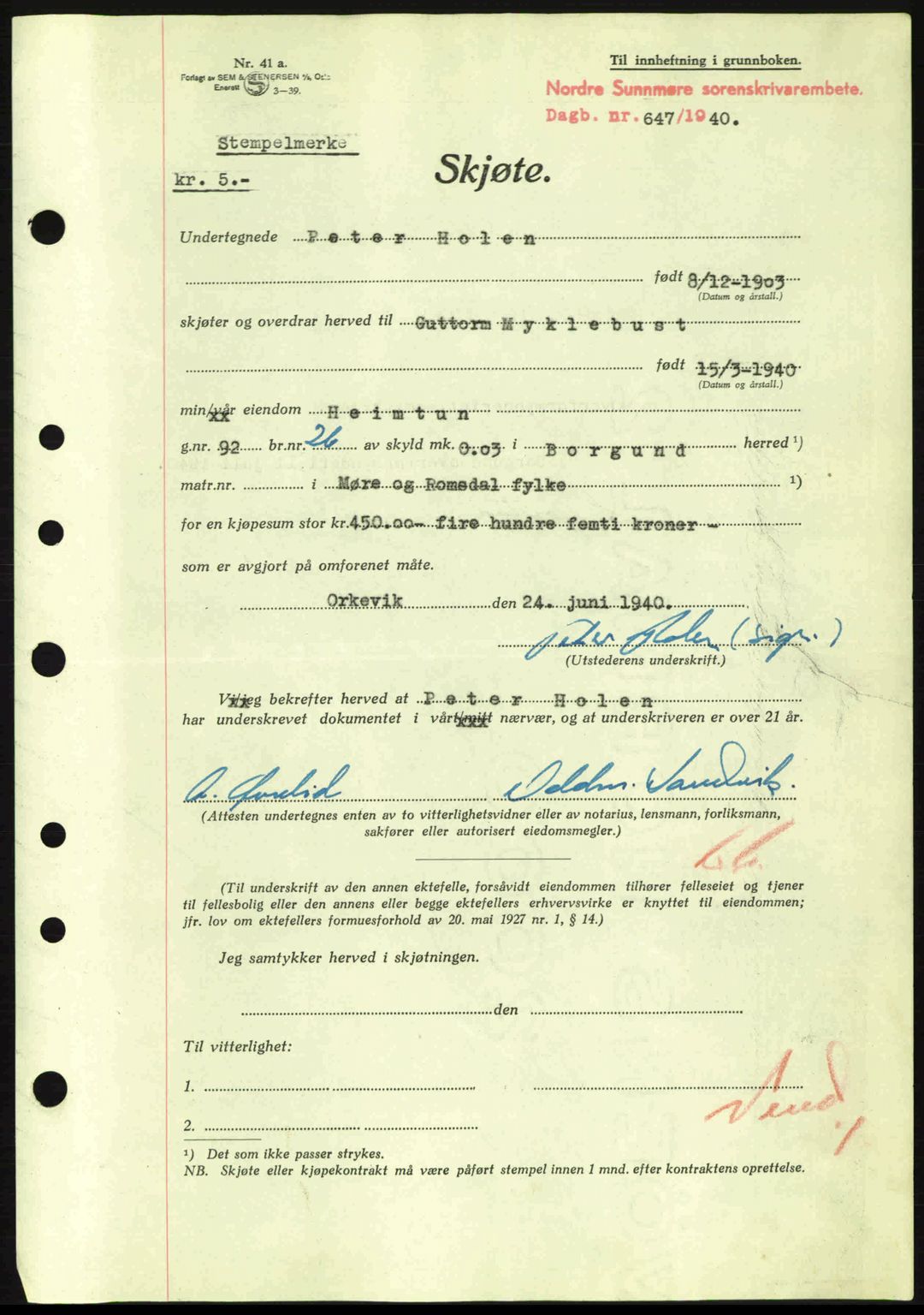 Nordre Sunnmøre sorenskriveri, AV/SAT-A-0006/1/2/2C/2Ca: Pantebok nr. A8, 1939-1940, Dagboknr: 647/1940