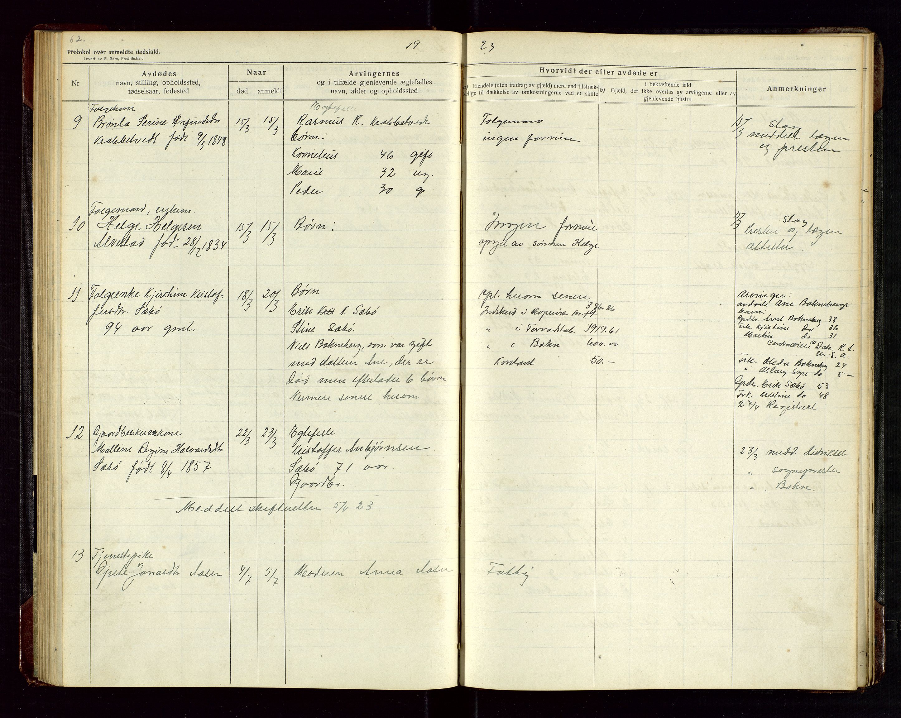 Tysvær lensmannskontor, AV/SAST-A-100192/Gga/L0003: "Protokol over anmeldte dødsfald i Tysvær" med register, 1916-1926, s. 62