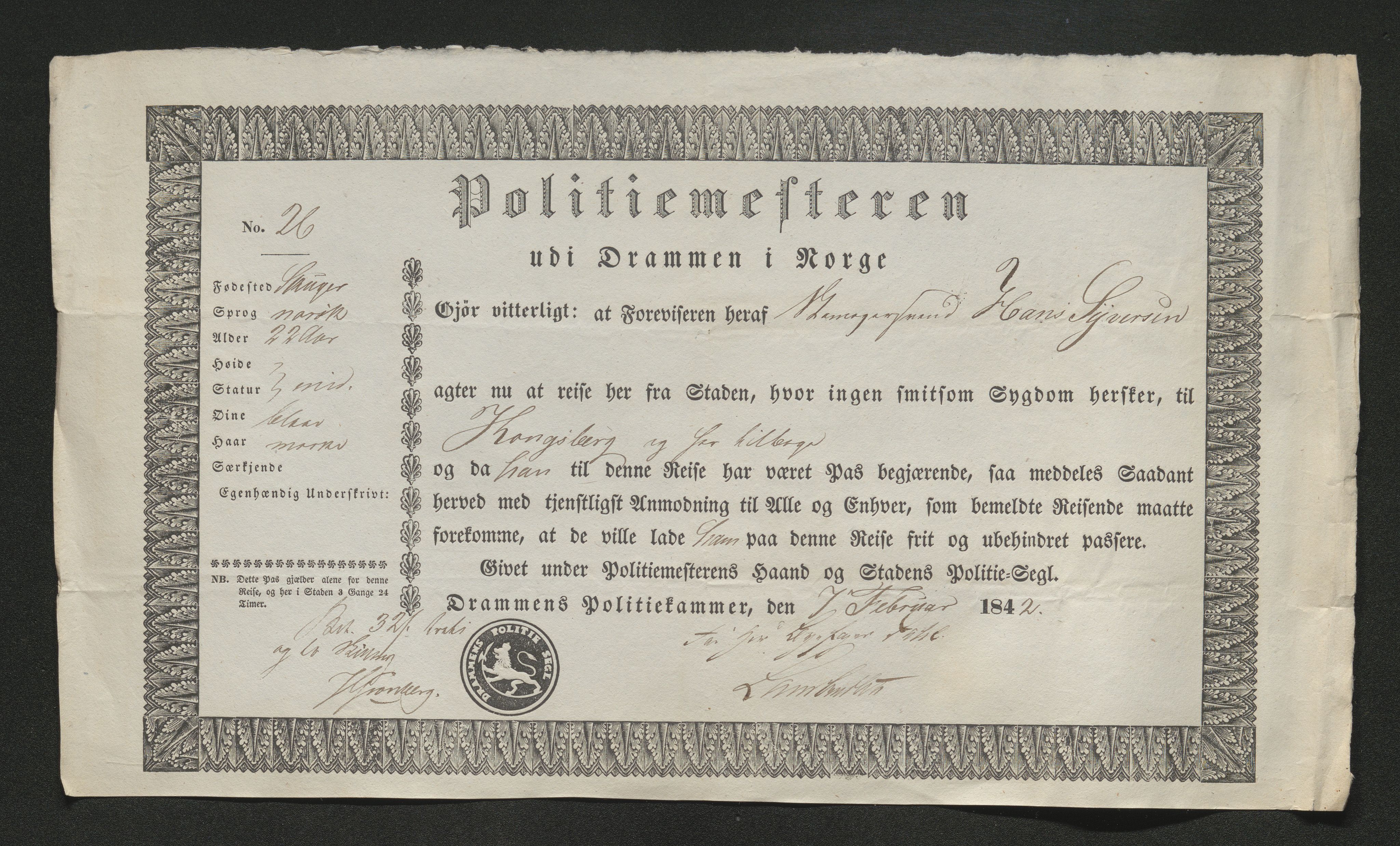 Drammen politikammer, SAKO/A-623/I/Ia/Iab/L0006: Innleverte pass, 1841-1842, s. 364