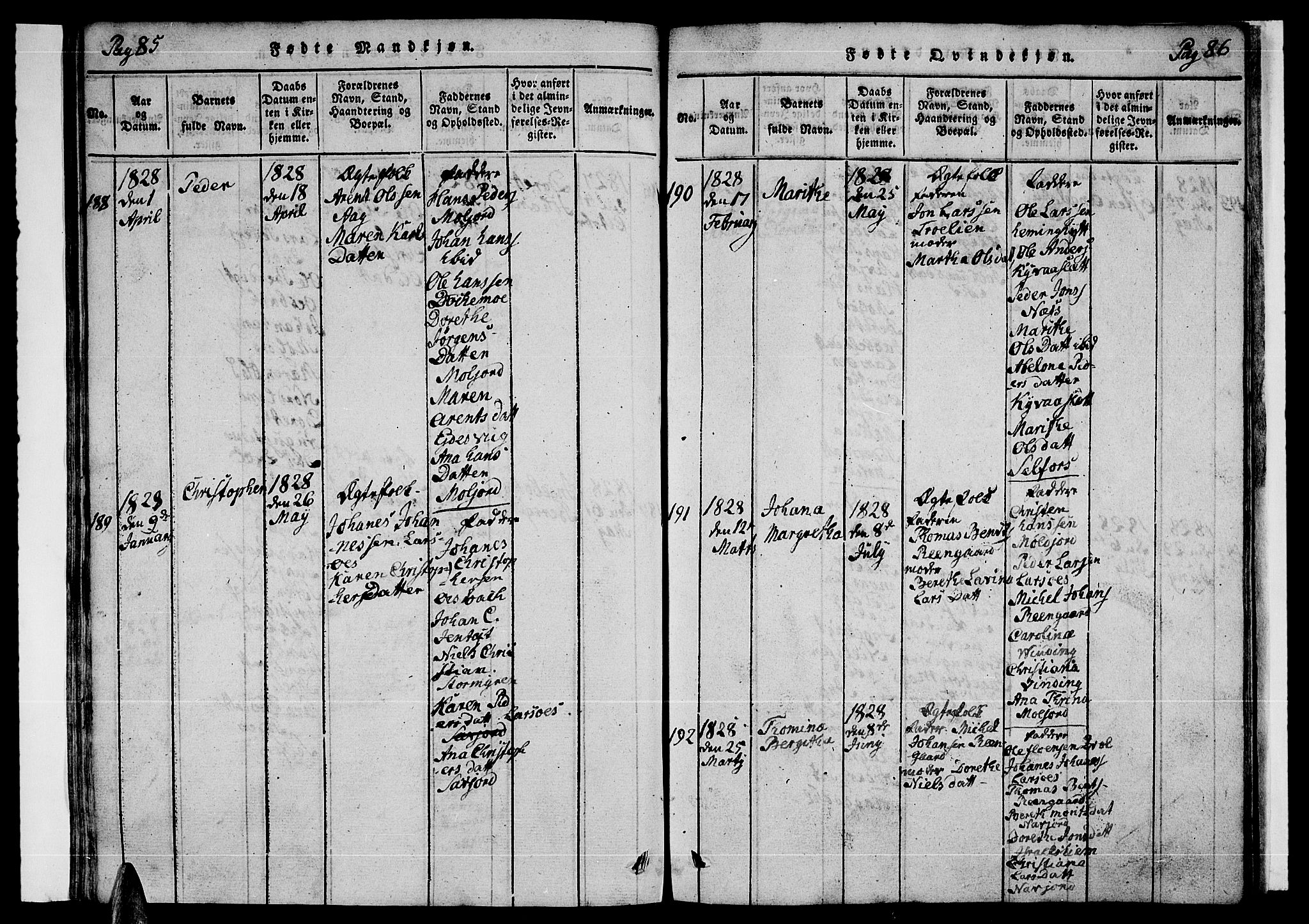 Ministerialprotokoller, klokkerbøker og fødselsregistre - Nordland, AV/SAT-A-1459/846/L0651: Klokkerbok nr. 846C01, 1821-1841, s. 85-86