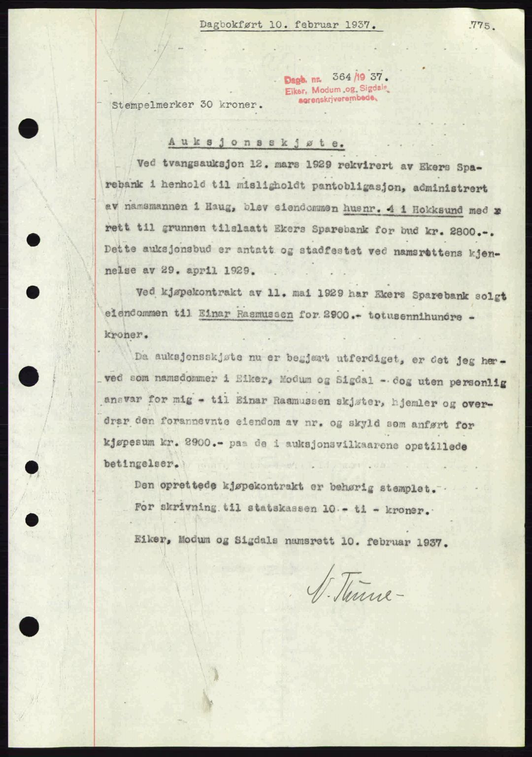 Eiker, Modum og Sigdal sorenskriveri, SAKO/A-123/G/Ga/Gab/L0034: Pantebok nr. A4, 1936-1937, Dagboknr: 364/1937