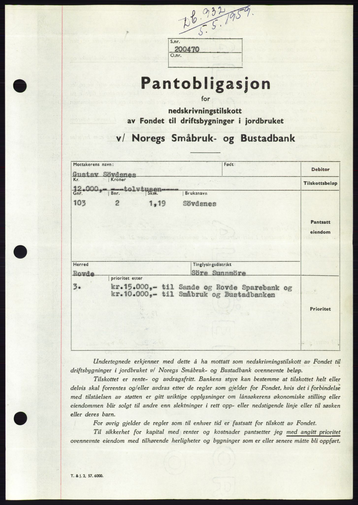 Søre Sunnmøre sorenskriveri, SAT/A-4122/1/2/2C/L0133: Pantebok nr. 21B, 1959-1959, Dagboknr: 932/1959