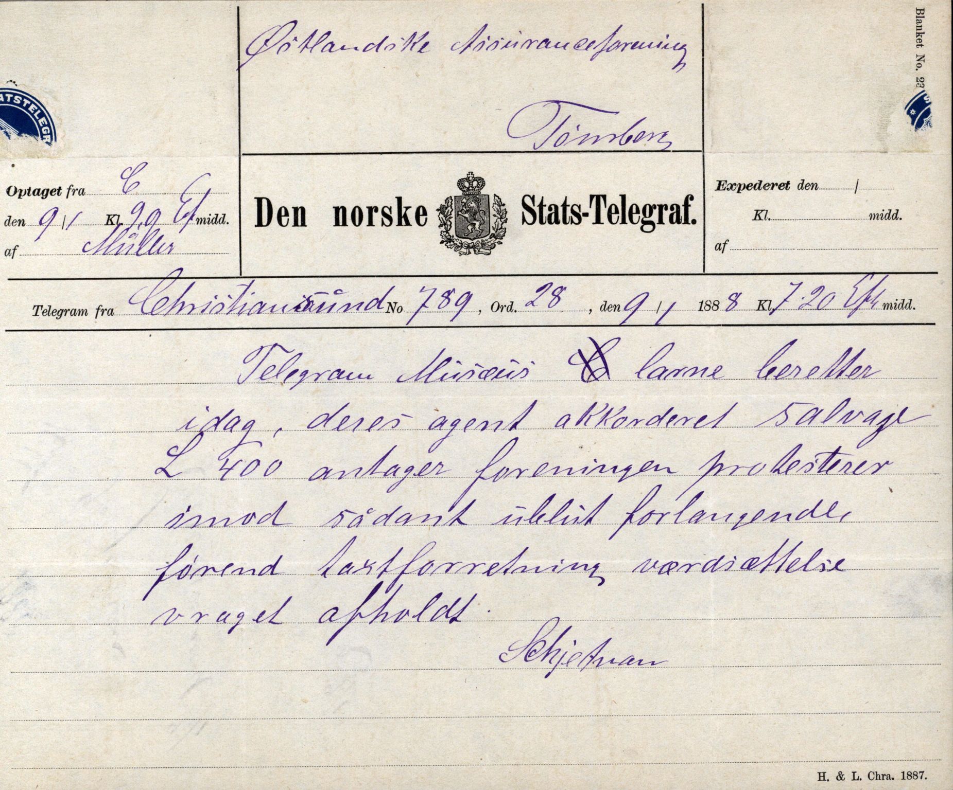 Pa 63 - Østlandske skibsassuranceforening, VEMU/A-1079/G/Ga/L0022/0010: Havaridokumenter / Salvator, Sleipner, Speed, Spica, Stjernen, 1888, s. 62