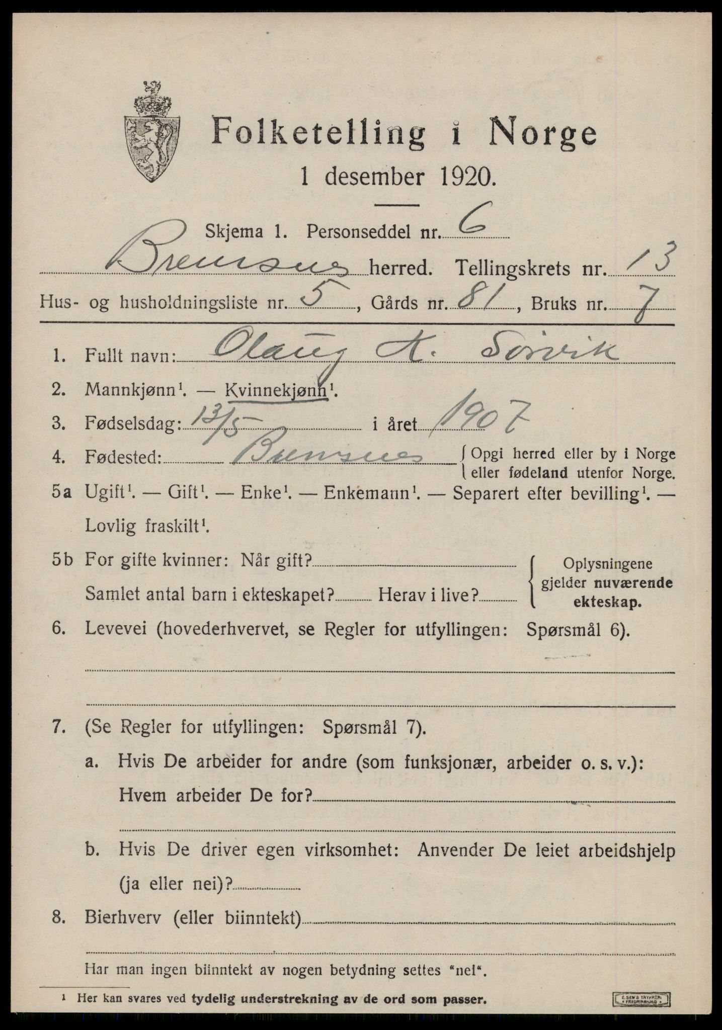 SAT, Folketelling 1920 for 1554 Bremsnes herred, 1920, s. 10165