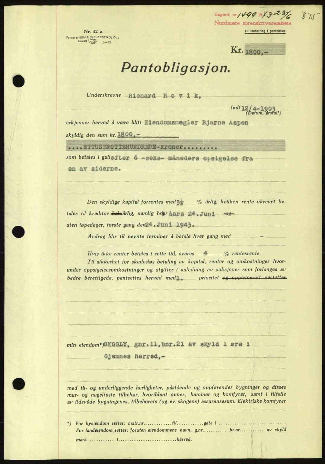 Nordmøre sorenskriveri, SAT/A-4132/1/2/2Ca: Pantebok nr. B90, 1942-1943, Dagboknr: 1499/1943