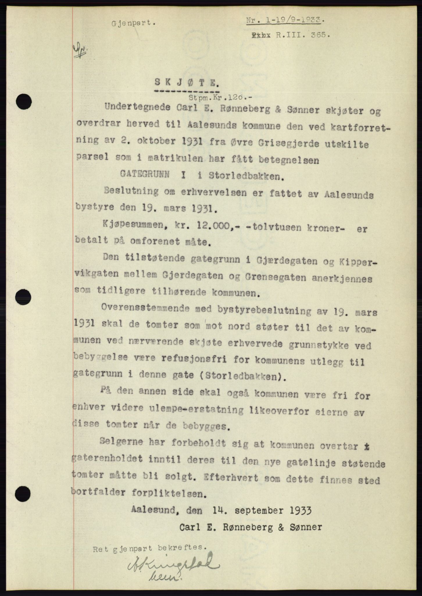 Ålesund byfogd, AV/SAT-A-4384: Pantebok nr. 31, 1933-1934, Tingl.dato: 19.09.1933