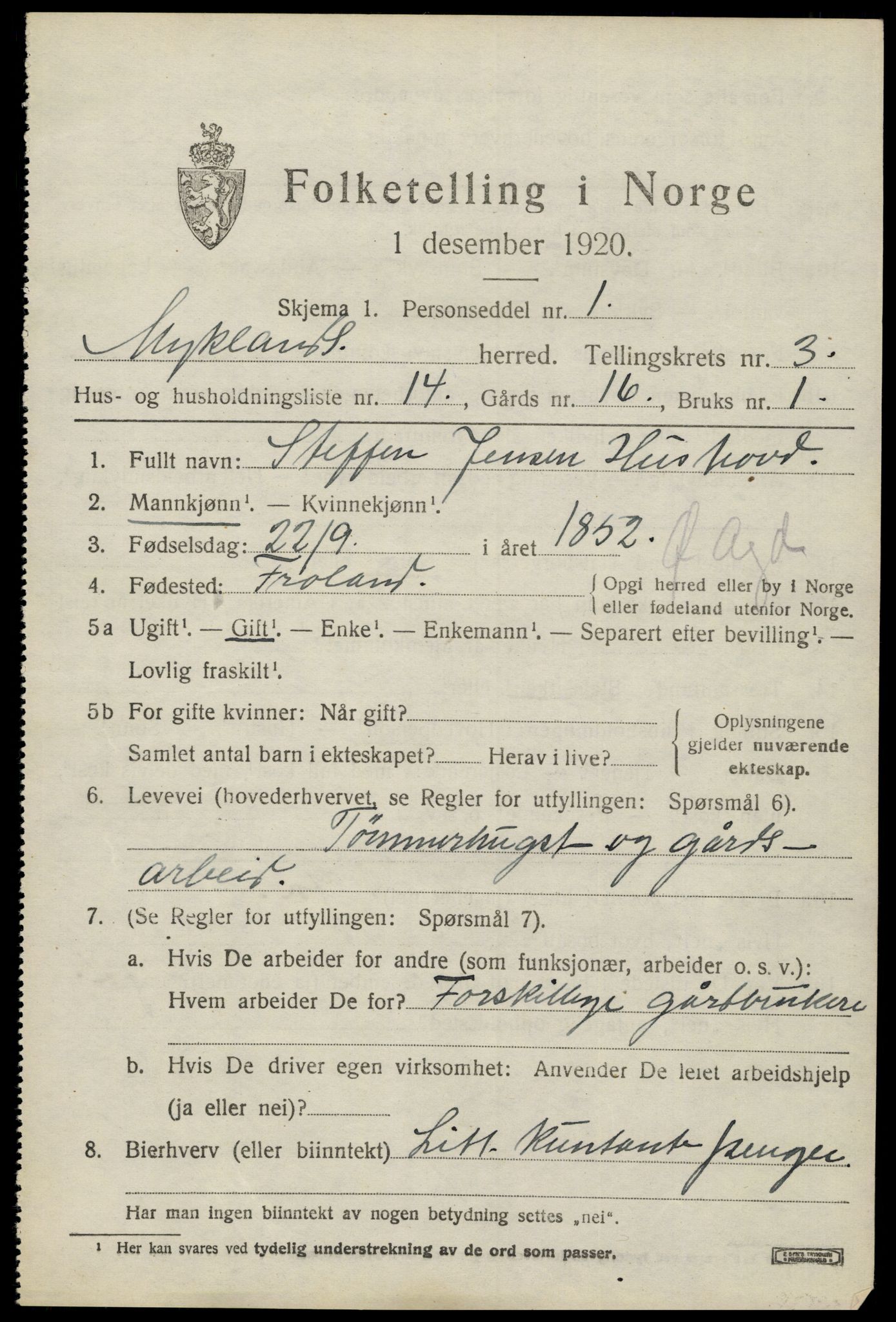 SAK, Folketelling 1920 for 0932 Mykland herred, 1920, s. 1314