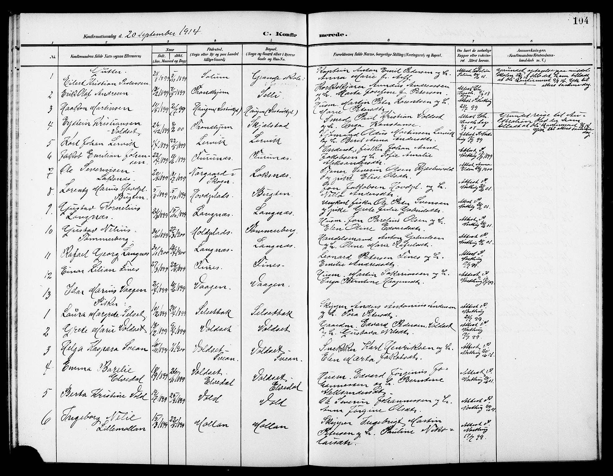 Ministerialprotokoller, klokkerbøker og fødselsregistre - Nord-Trøndelag, AV/SAT-A-1458/744/L0424: Klokkerbok nr. 744C03, 1906-1923, s. 104