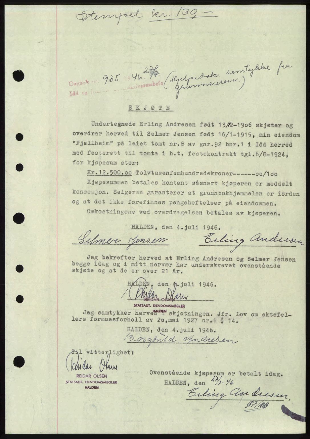 Idd og Marker sorenskriveri, SAO/A-10283/G/Gb/Gbb/L0008: Pantebok nr. A8, 1946-1946, Dagboknr: 935/1946