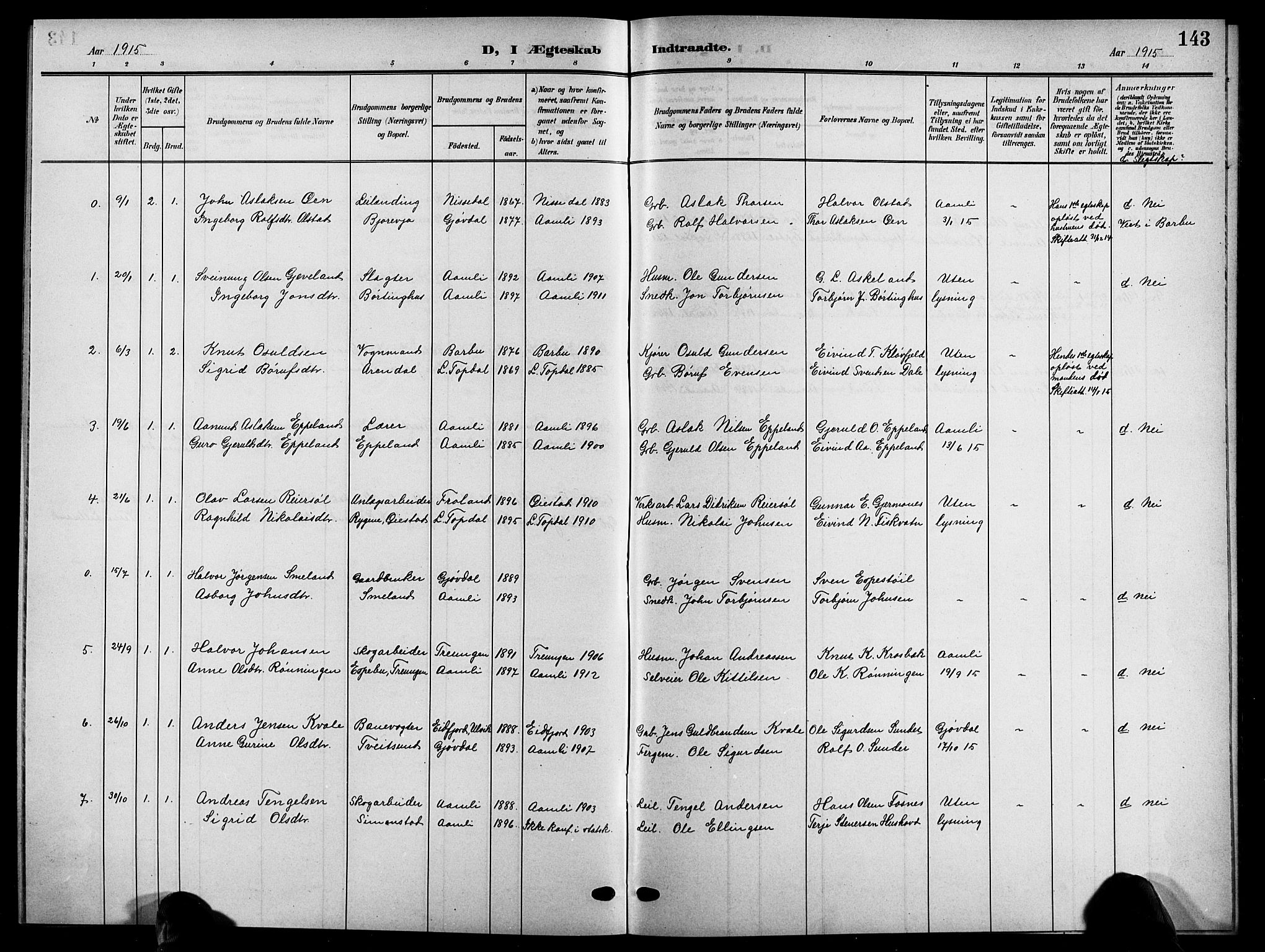 Åmli sokneprestkontor, SAK/1111-0050/F/Fb/Fbc/L0005: Klokkerbok nr. B 5, 1903-1916, s. 143