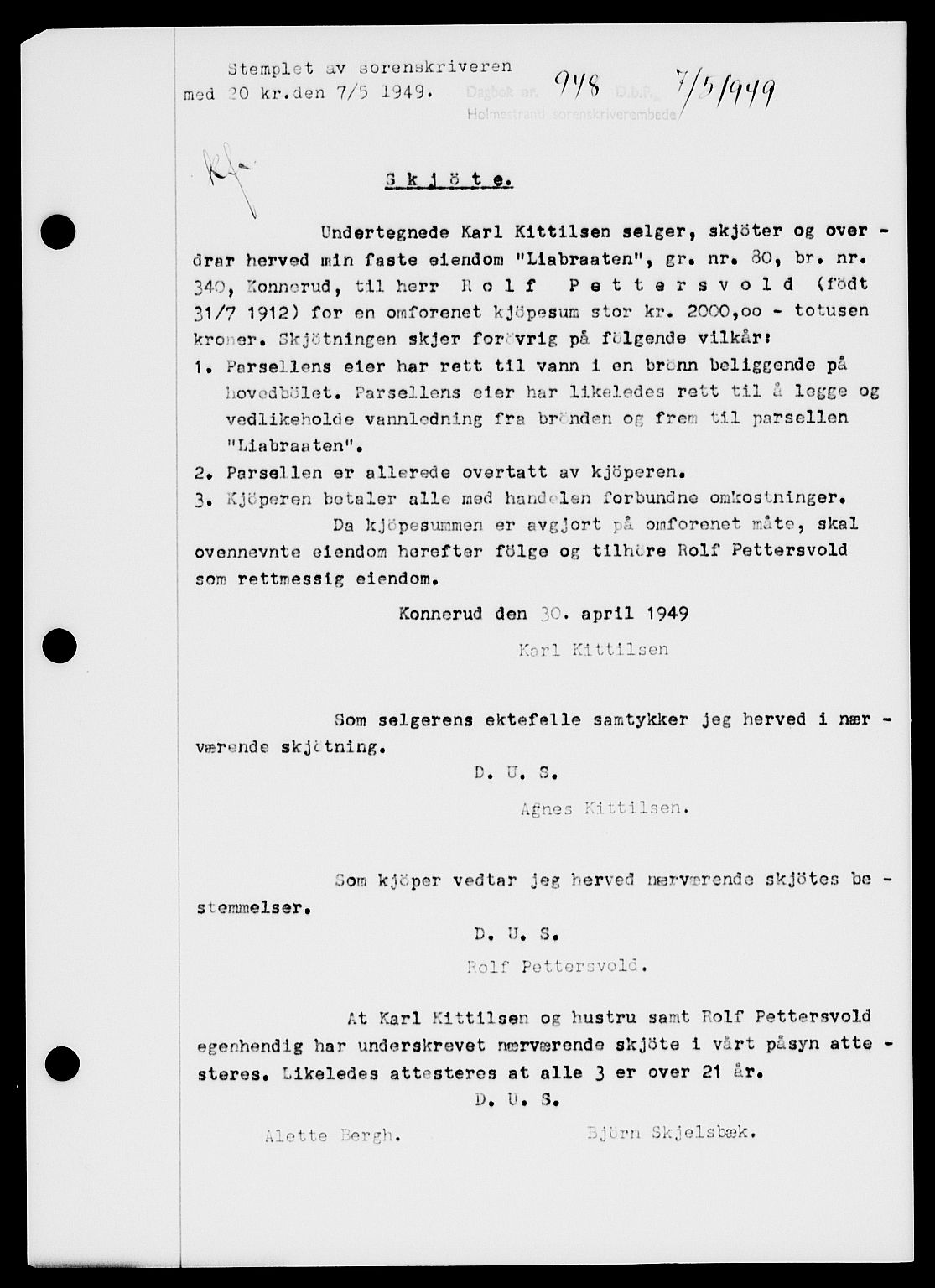 Holmestrand sorenskriveri, SAKO/A-67/G/Ga/Gaa/L0066: Pantebok nr. A-66, 1949-1949, Dagboknr: 948/1949