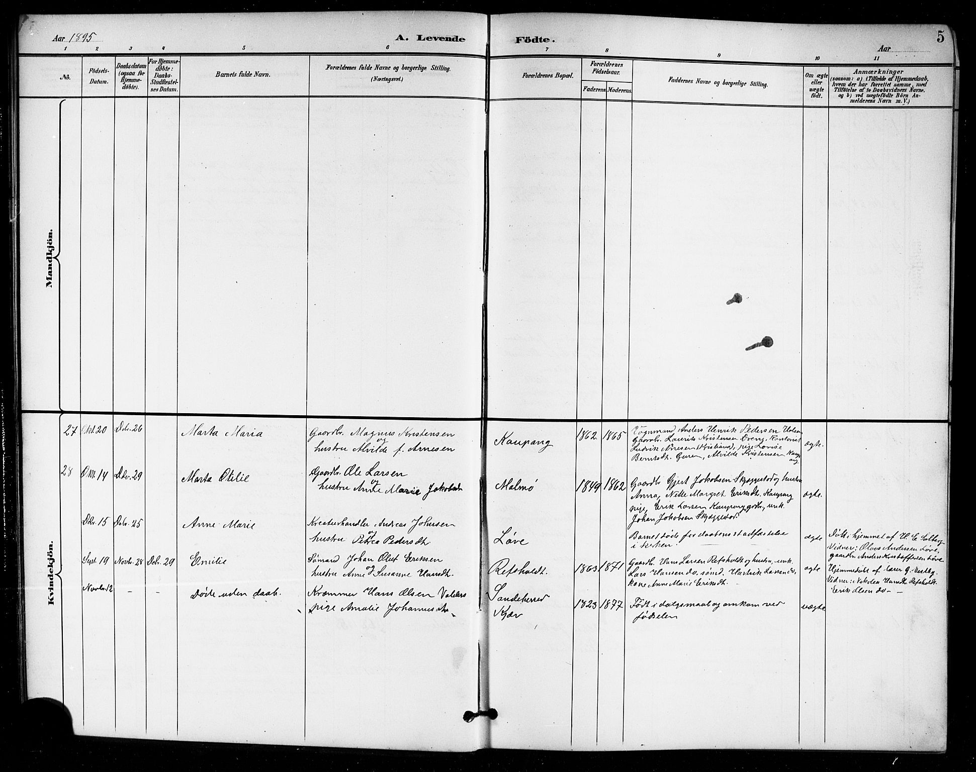 Tjølling kirkebøker, AV/SAKO-A-60/G/Ga/L0002: Klokkerbok nr. 2, 1895-1918, s. 5