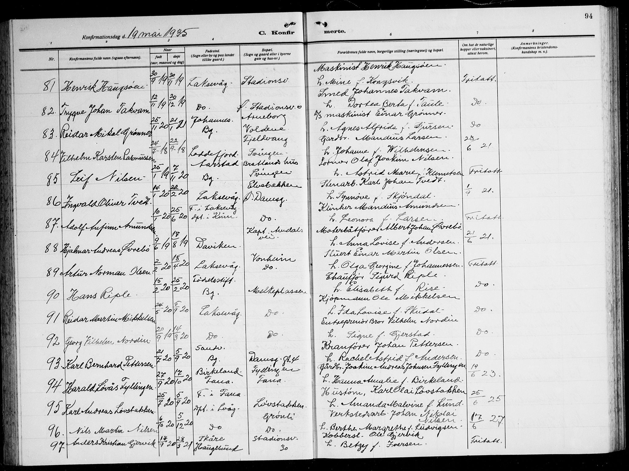 Laksevåg Sokneprestembete, AV/SAB-A-76501/H/Ha/Hab/Haba: Klokkerbok nr. A 10, 1925-1942, s. 94