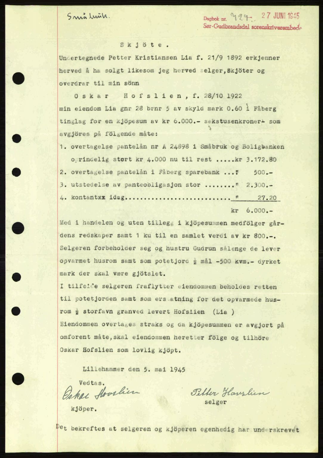 Sør-Gudbrandsdal tingrett, SAH/TING-004/H/Hb/Hbd/L0014: Pantebok nr. A14, 1944-1945, Dagboknr: 729/1945