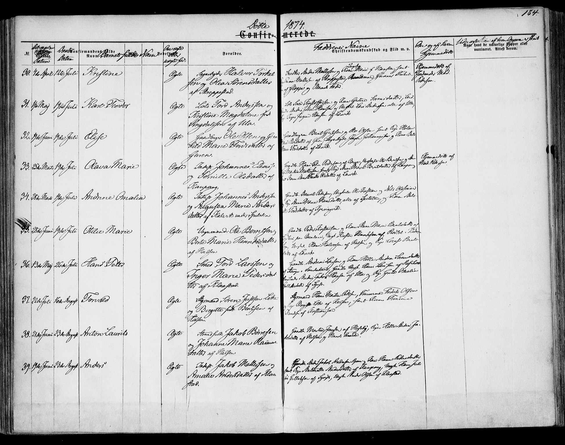 Tjølling kirkebøker, AV/SAKO-A-60/F/Fa/L0007: Ministerialbok nr. 7, 1860-1876, s. 184