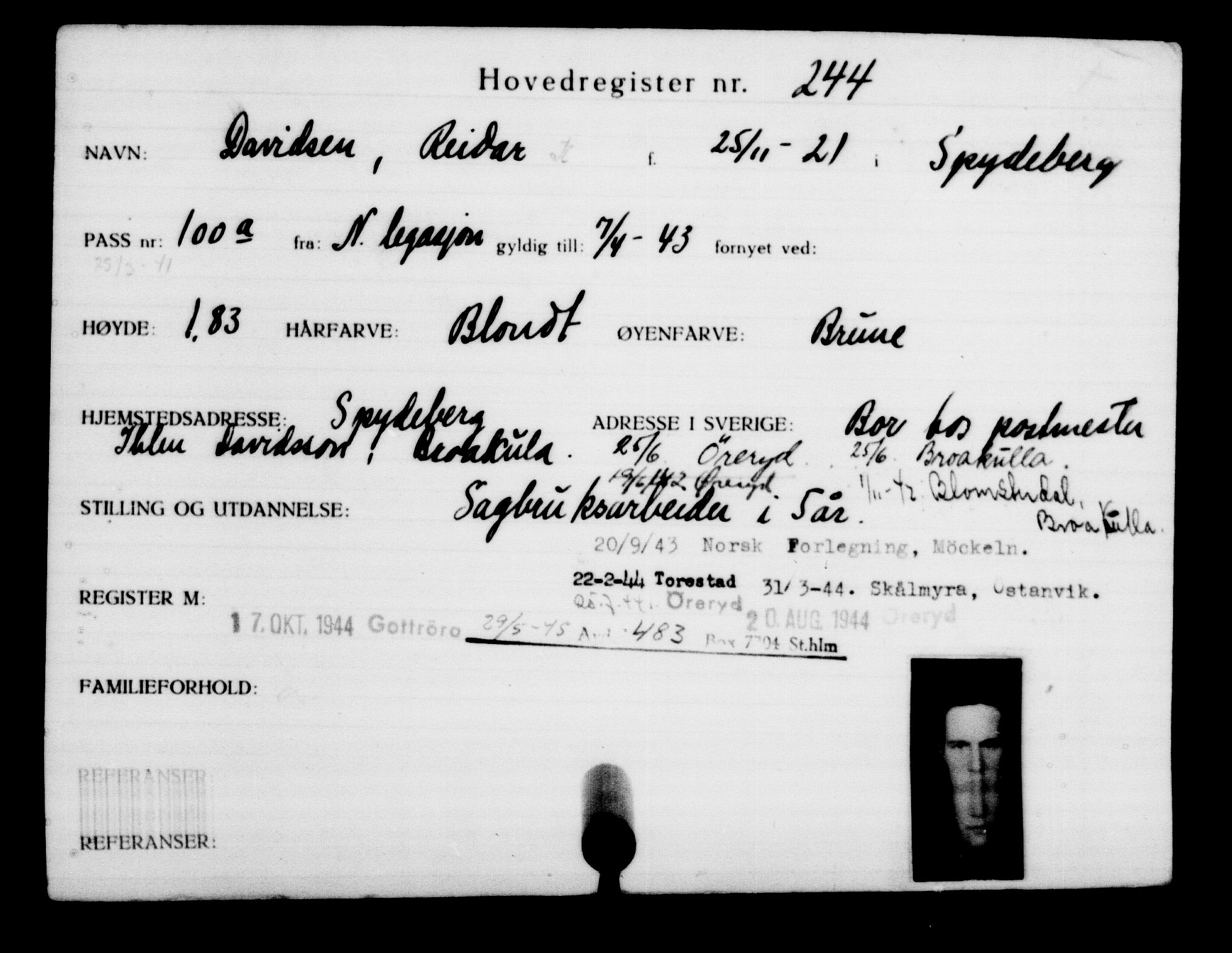 Utenriksstasjonene, Legasjonen i Stockholm, Flyktningkontoret, AV/RA-S-6753/V/Va/L0001: Kjesäterkartoteket, flyktninger med registreringsnr. 1-1000, 1940-1945, s. 390
