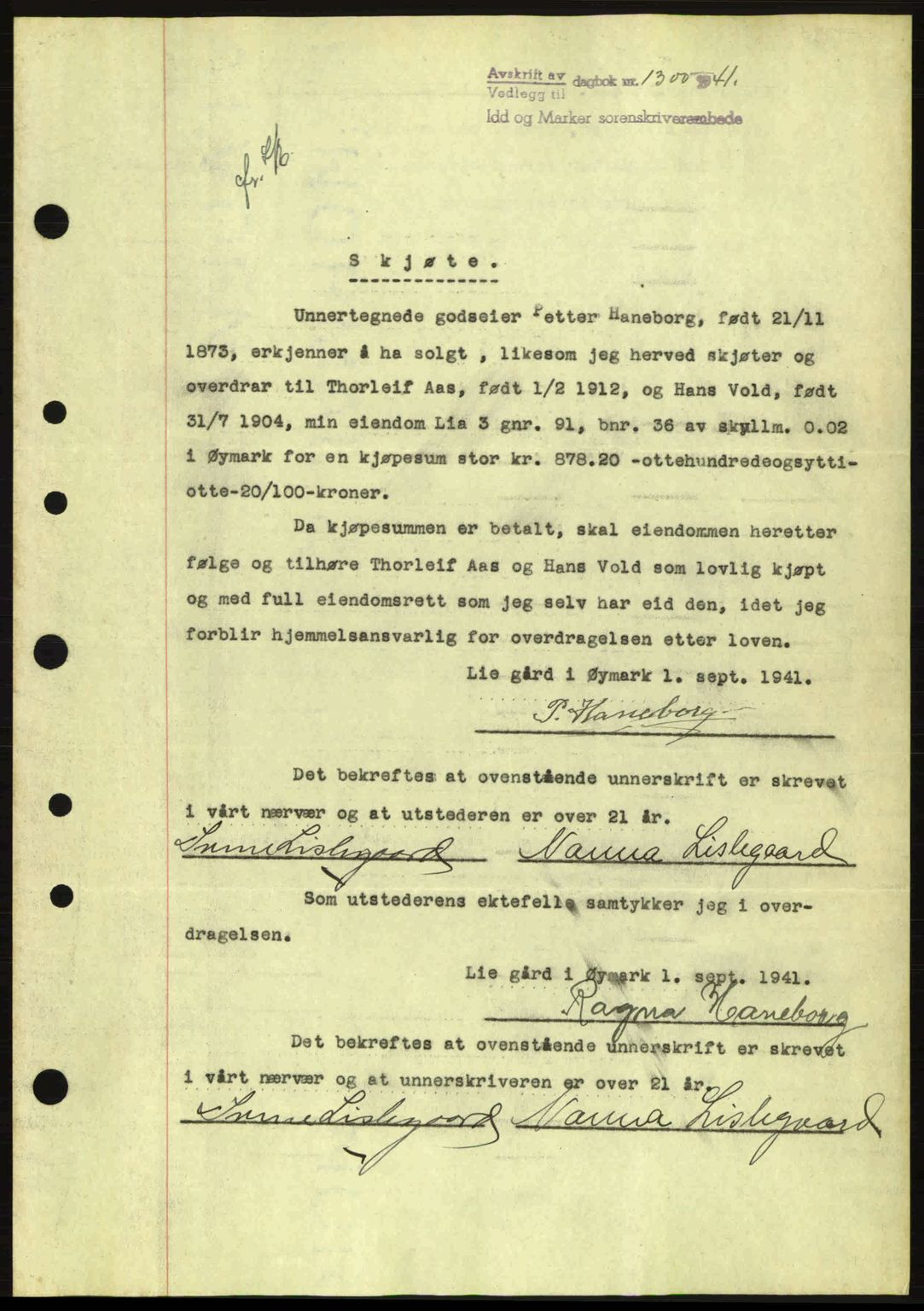 Idd og Marker sorenskriveri, AV/SAO-A-10283/G/Gb/Gbb/L0005: Pantebok nr. A5, 1941-1943, Dagboknr: 1300/1941