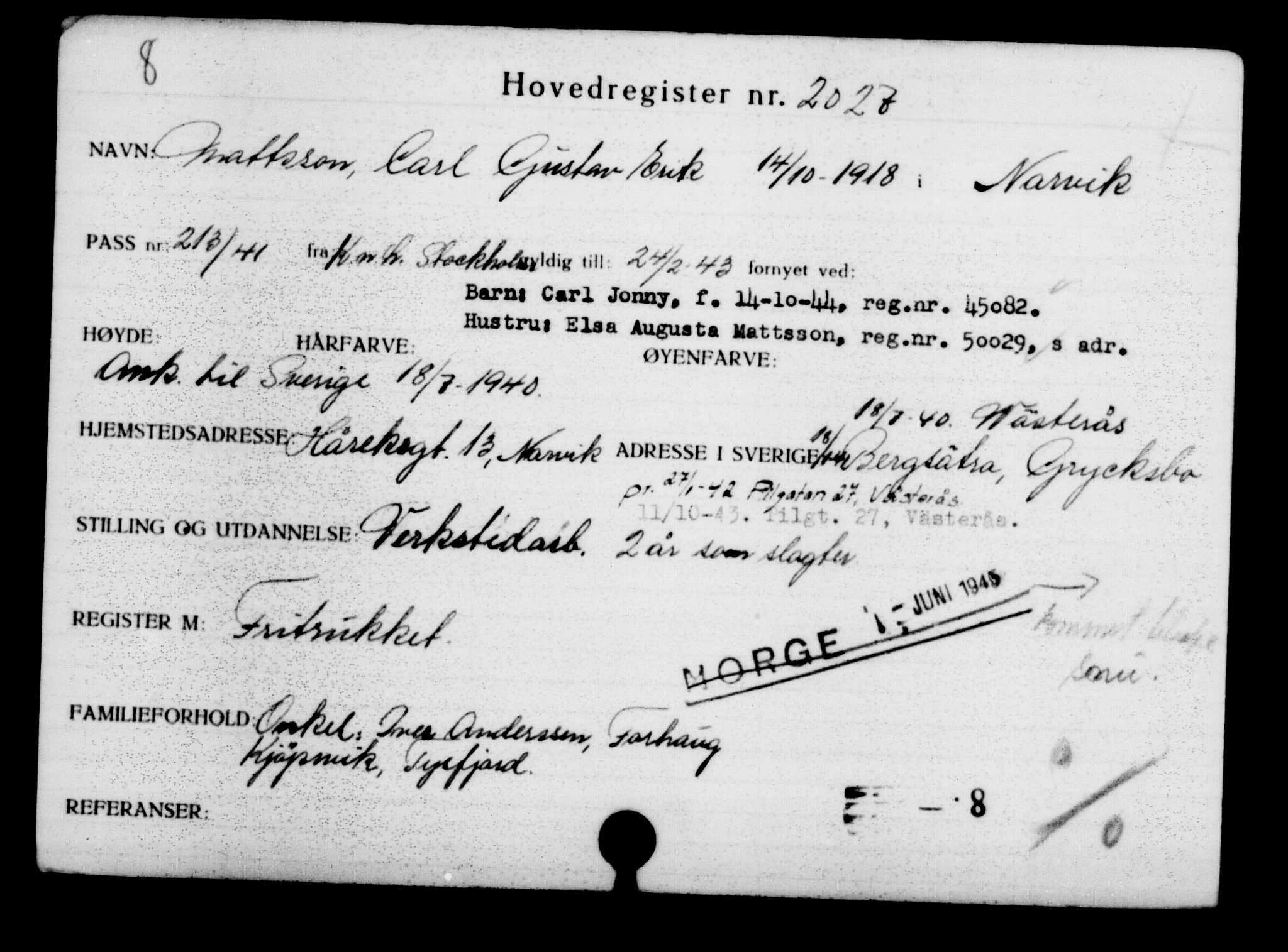 Utenriksstasjonene, Legasjonen i Stockholm, Flyktningkontoret, AV/RA-S-6753/V/Va/L0003: Kjesäterkartoteket, flyktninger med registreringsnr. 2001-3495, 1940-1945, s. 33