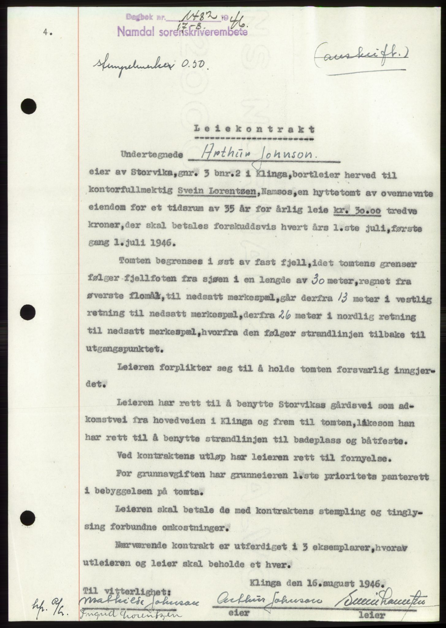Namdal sorenskriveri, SAT/A-4133/1/2/2C: Pantebok nr. -, 1946-1946, Dagboknr: 1482/1946
