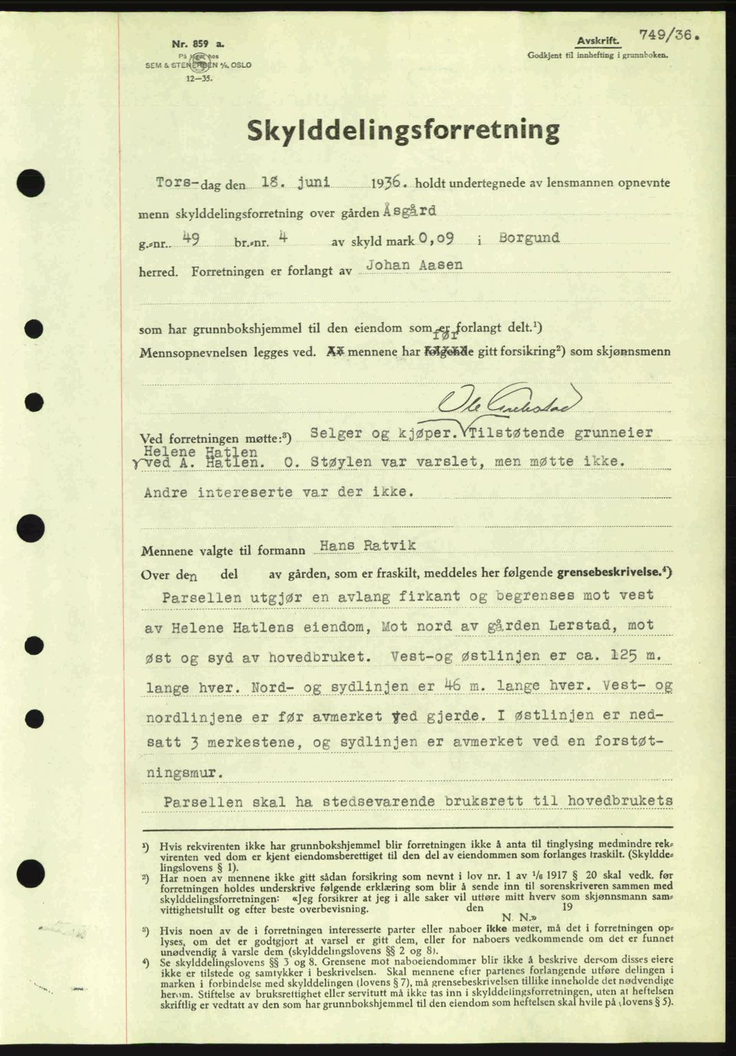 Nordre Sunnmøre sorenskriveri, AV/SAT-A-0006/1/2/2C/2Ca: Pantebok nr. A1, 1936-1936, Dagboknr: 749/1936