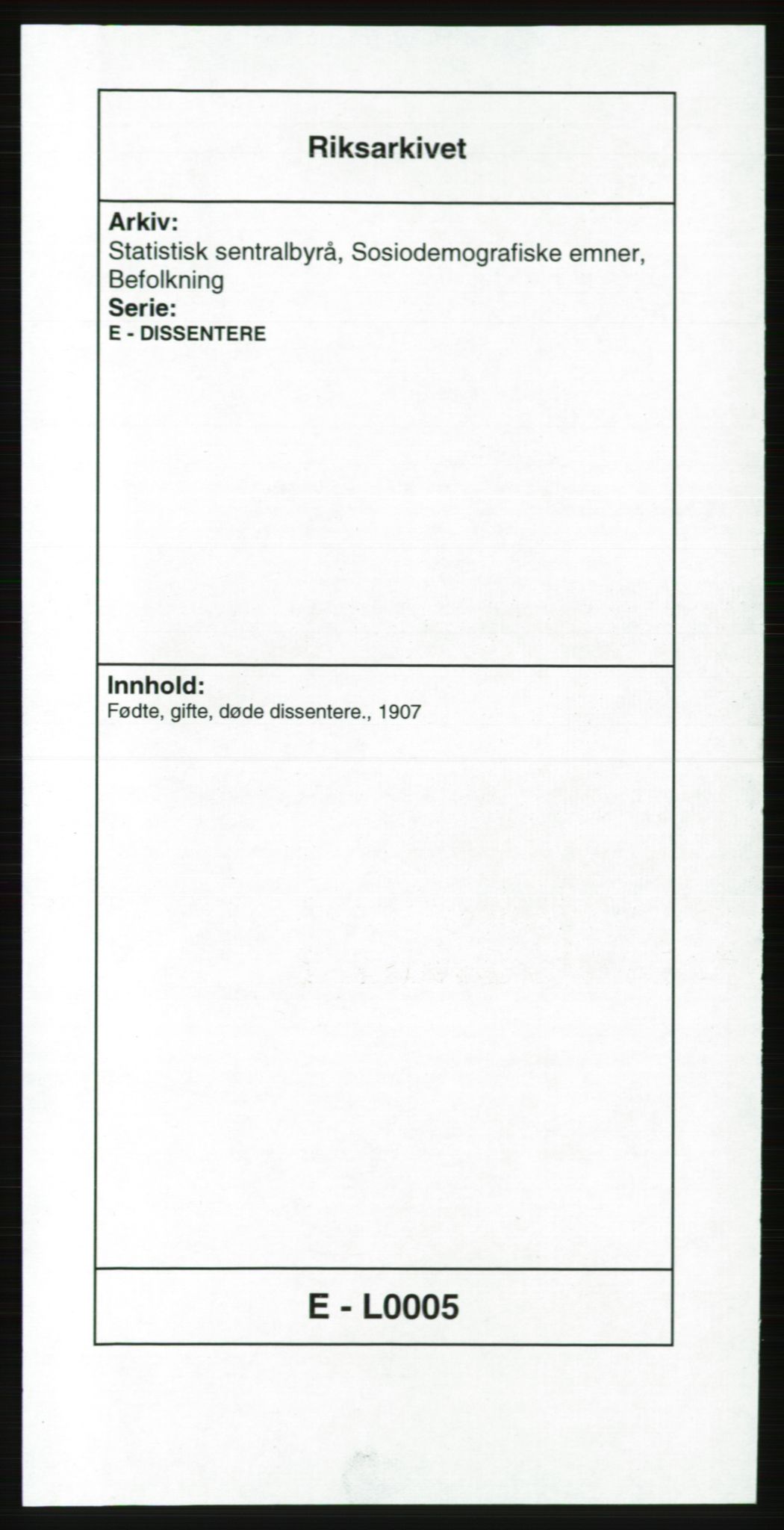 Statistisk sentralbyrå, Sosiodemografiske emner, Befolkning, RA/S-2228/E/L0005: Fødte, gifte, døde dissentere., 1907, s. 1