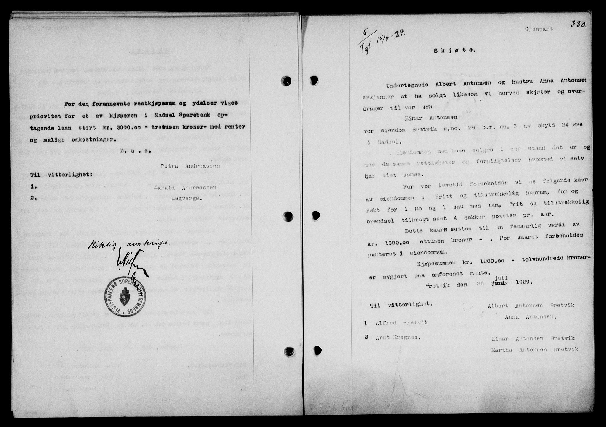 Vesterålen sorenskriveri, SAT/A-4180/1/2/2Ca/L0049: Pantebok nr. 42, 1929-1929, Tingl.dato: 15.08.1929