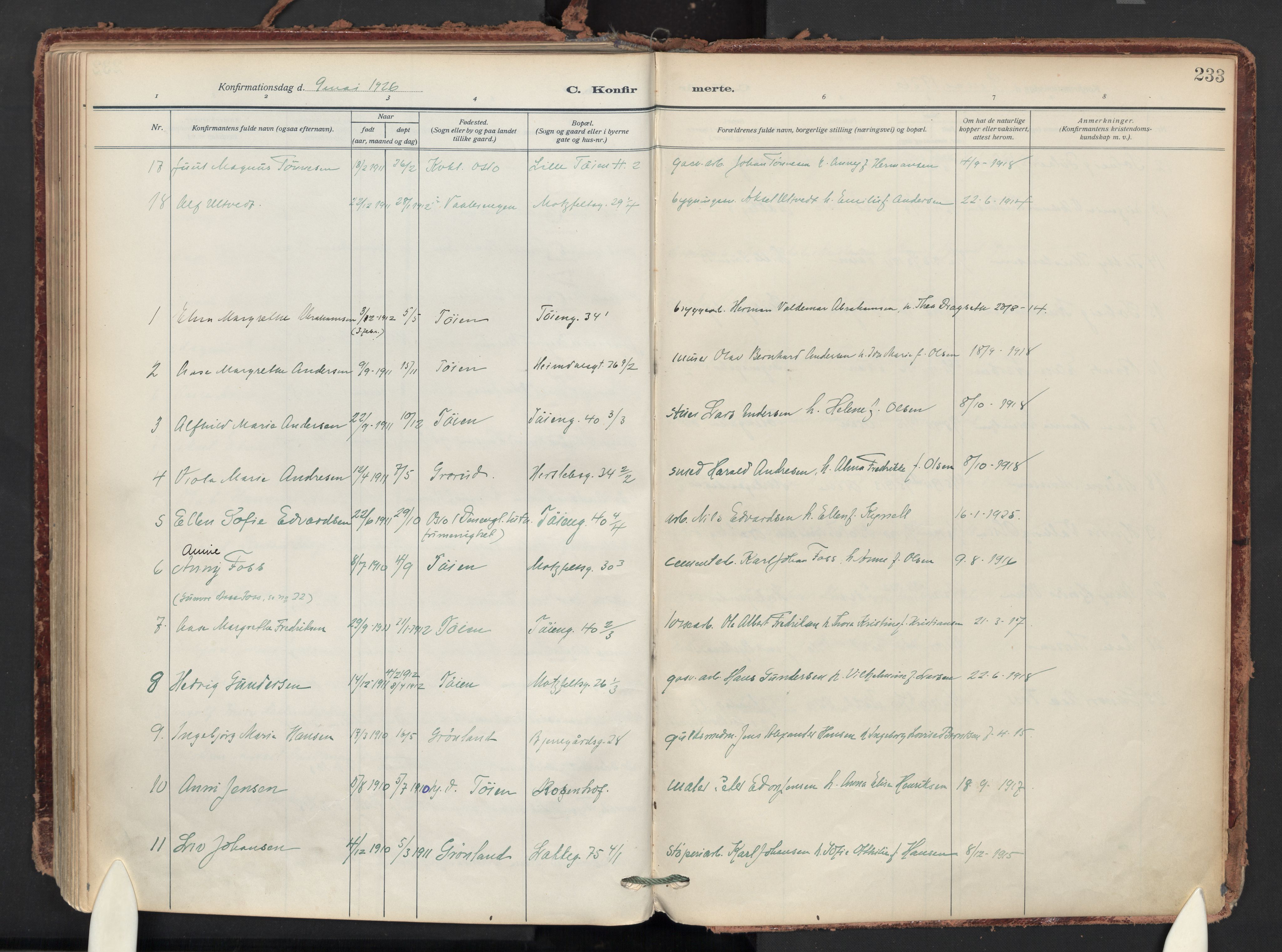 Tøyen prestekontor Kirkebøker, AV/SAO-A-10167a/F/Fa/L0004: Ministerialbok nr. I 4, 1917-1931, s. 233